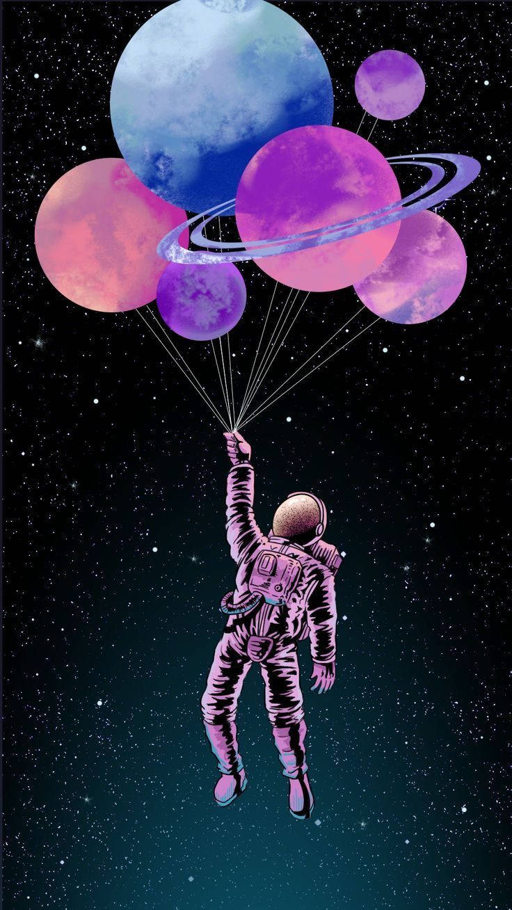 astronaut aesthetic 桌布 壁紙 — 一名太空人在太空漂浮，手持連接到漂浮在星星間的彩色行星的繩子。
