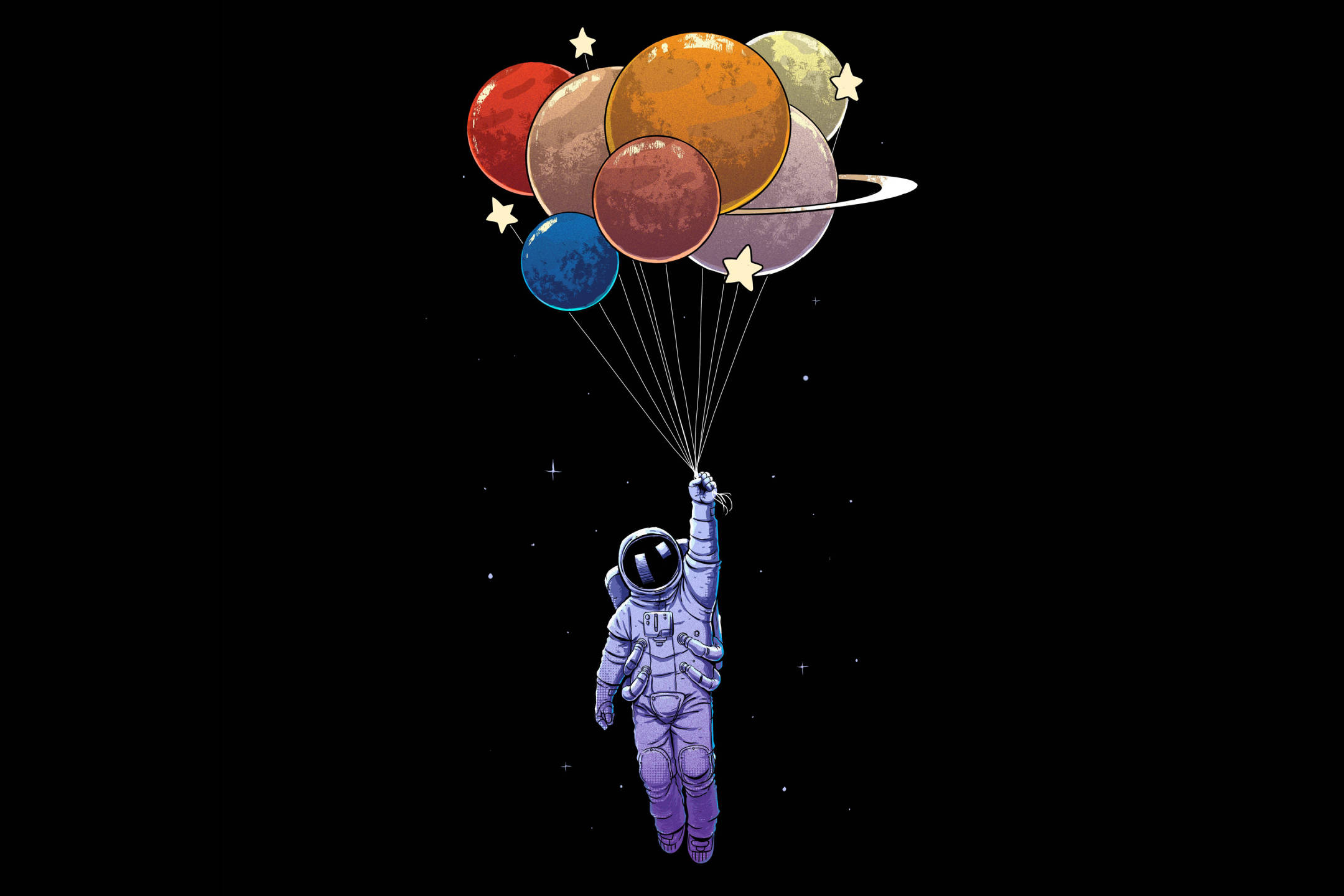 圖片 桌布 壁紙 — 一名太空人在太空漂浮，手持連接到彩色星球氣球的繩子，背景是繁星點點的黑色。