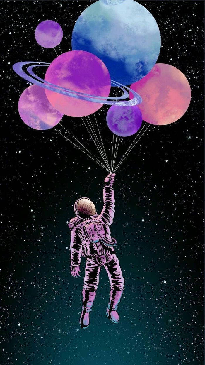 酷炫星系 桌布 壁紙 — 一名太空人在太空漂浮，手持連接到彩色行星氣球的繩索，背景是星光燦爛的宇宙。