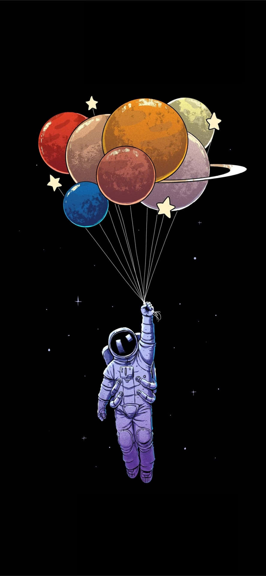 太空人在太空漂浮，在星群中手持行星氣球。 — 行星動畫 壁紙