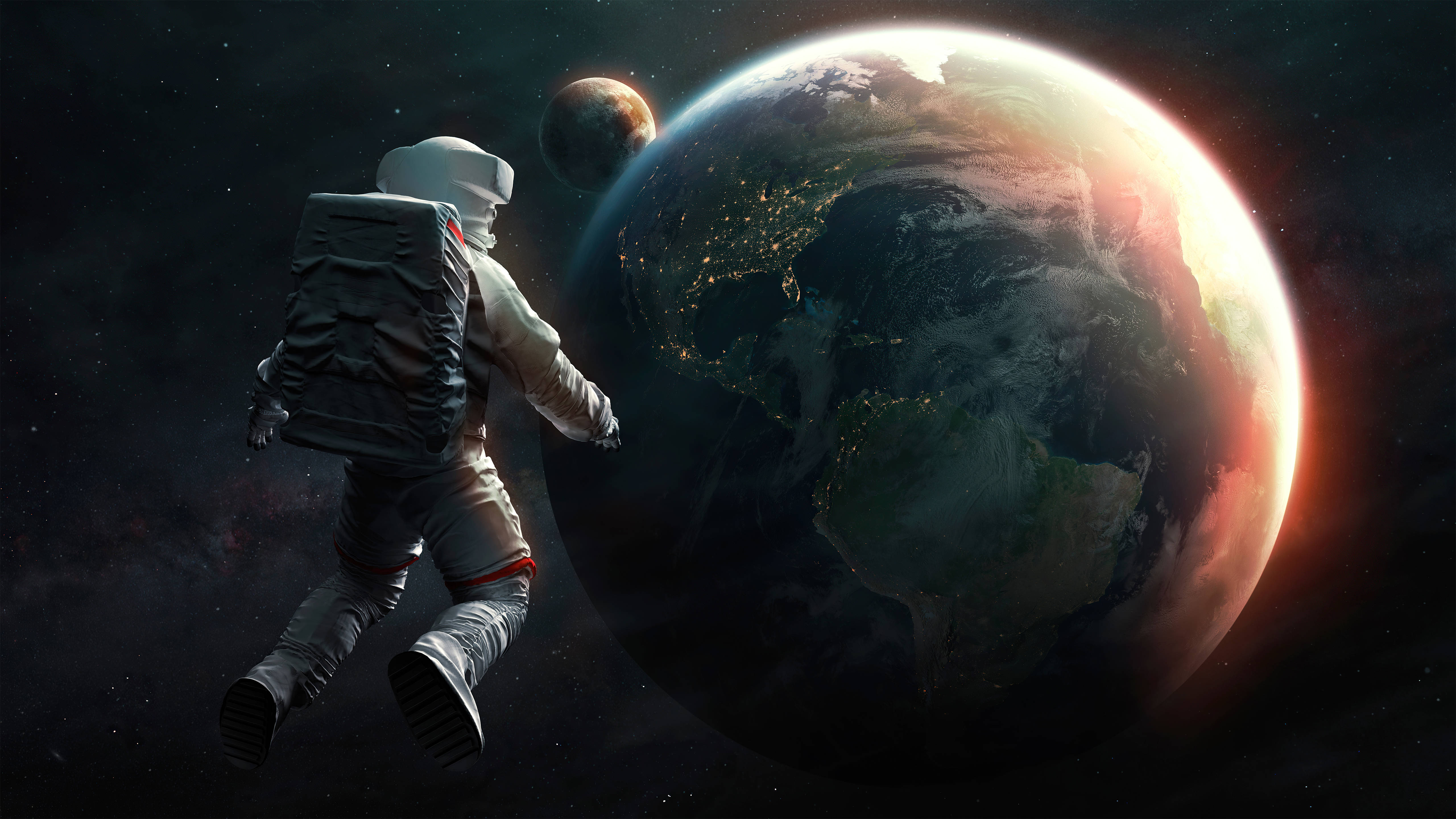 4K 太空人 桌布 壁紙 — 一名太空人在太空漂浮，旁邊是發光的地球，上面有城市燈光，遠處還有一顆行星，背景是宇宙的黑暗。