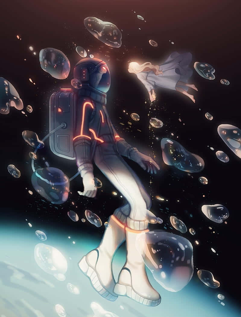 Bubble 桌布 壁紙 — 一名太空人在太空漂浮，被發光氣泡包圍，附近有一個發光的人影在行星上方。