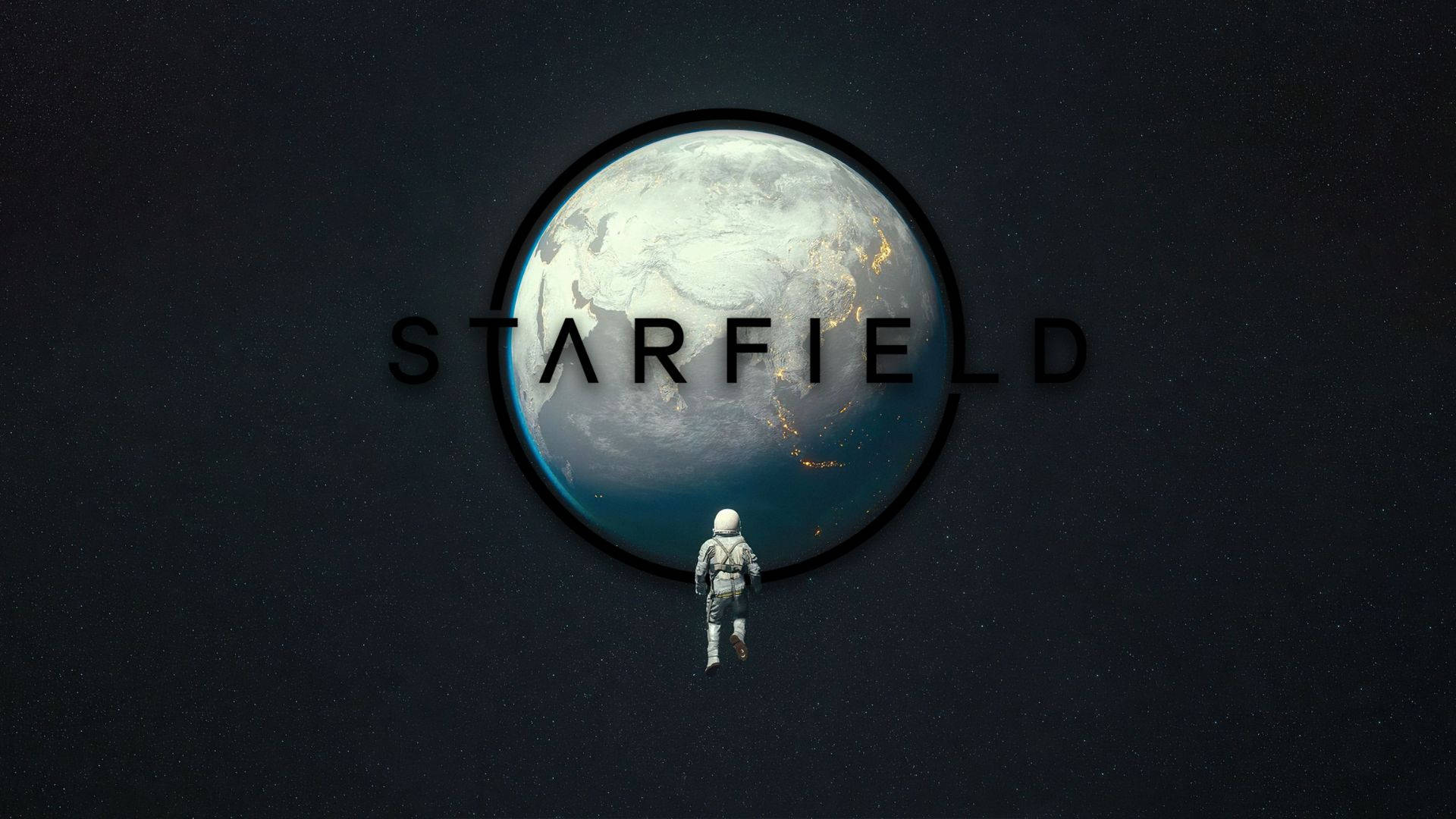 星空 桌布 壁紙 — 一名太空人在太空漂浮，面前是發光的地球，被STARFIELD這個詞框住，背景是繁星點點的虛空。