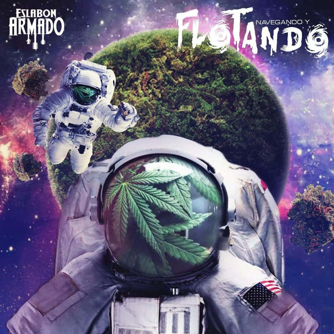 Eslabon Armado 桌布 壁紙 — 一名太空人在太空漂浮，頭盔面罩反射出大麻葉，背景是宇宙。