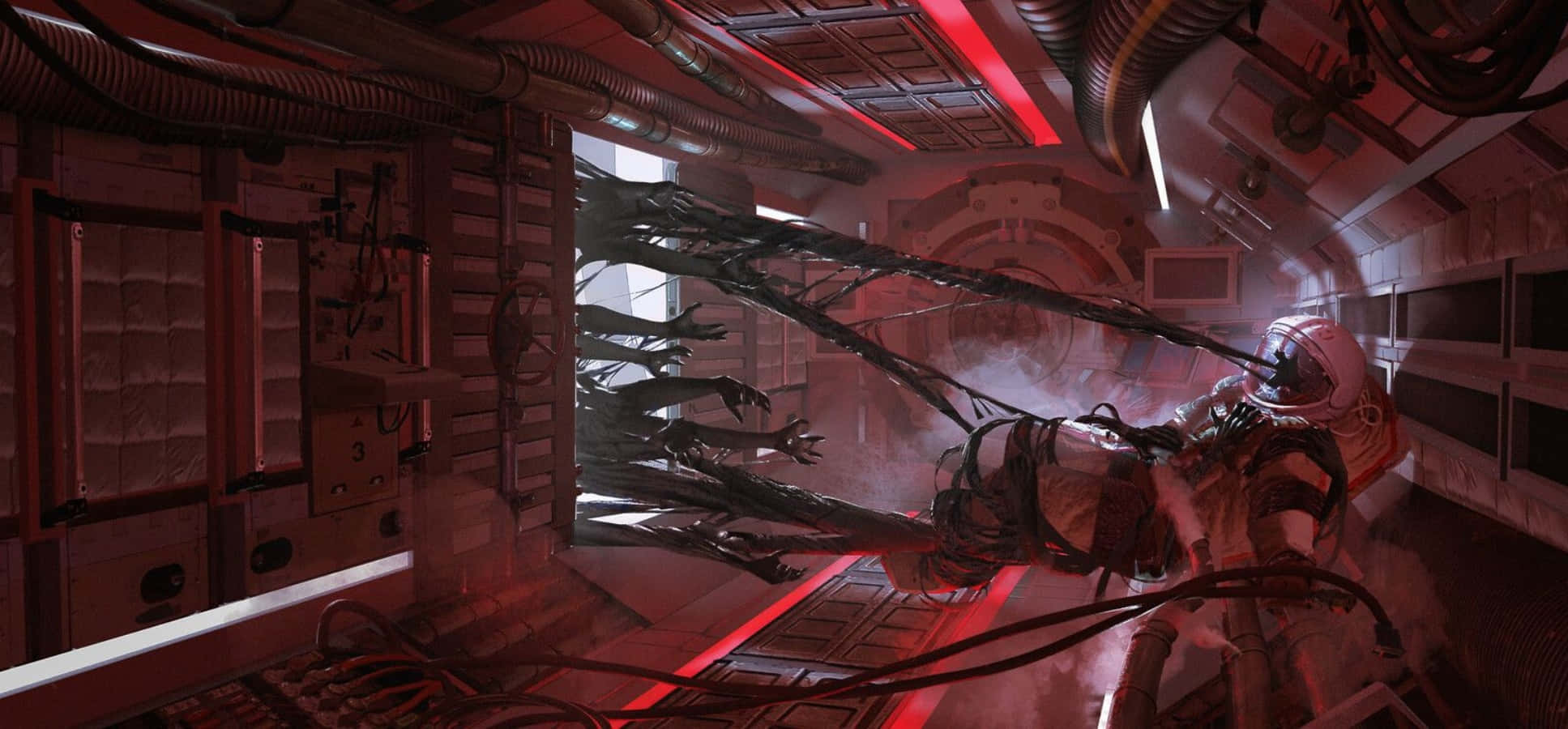Scary Space 桌布 壁紙 — 一名太空人在太空站內被穿過紅色燈光走廊窗戶的黑暗觸手襲擊。