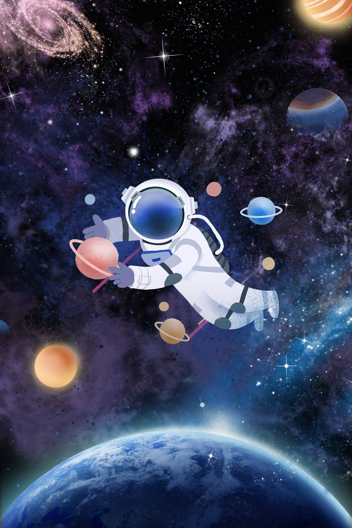  壁紙 — 一名太空人在宇宙背景下，於色彩繽紛的行星和閃爍的星星之間平靜地漂浮。