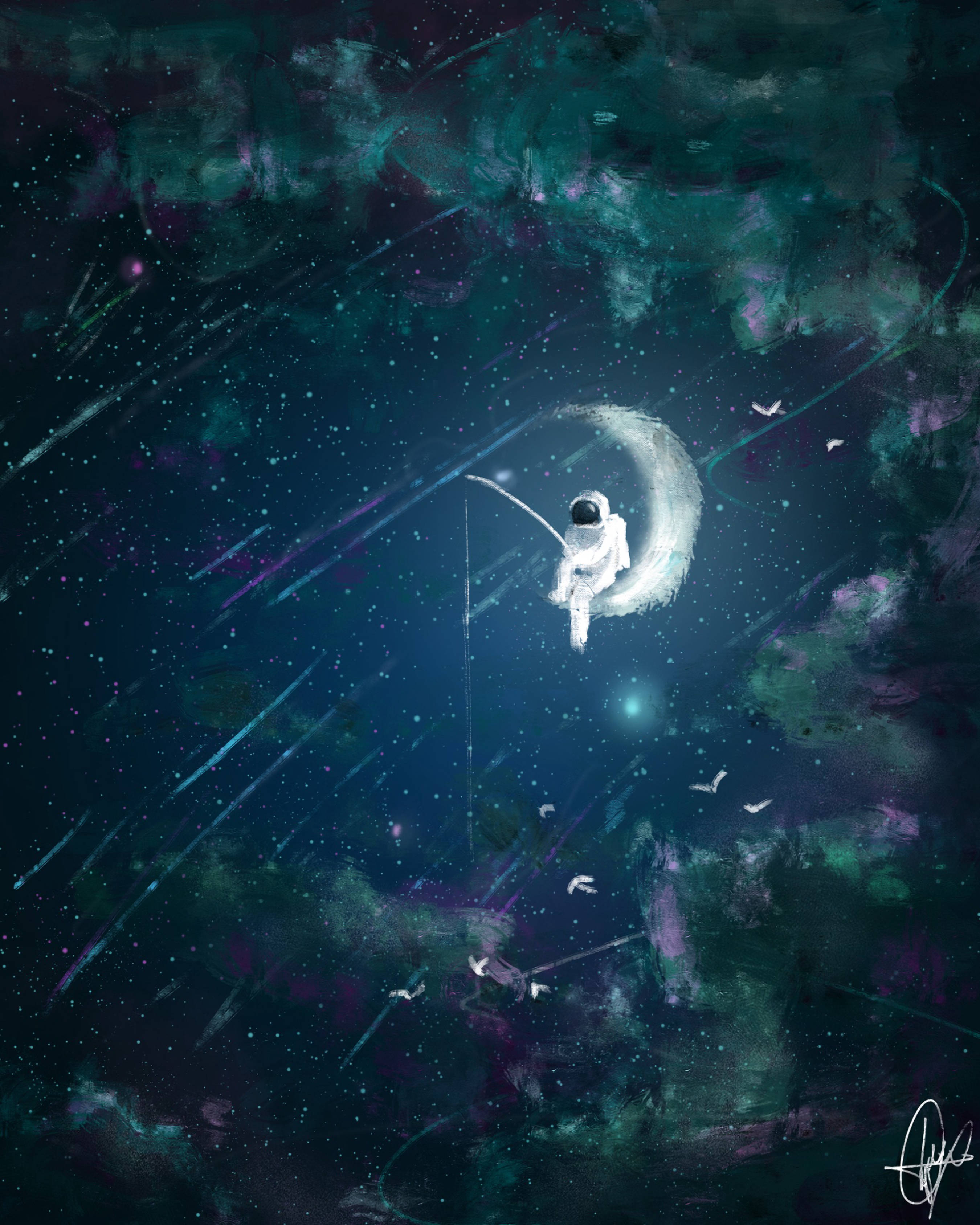 太空人 桌布 壁紙 — 一名太空人在宇宙虛空中漂浮，從新月上釣魚，周圍有流星劃過和發光的星雲。