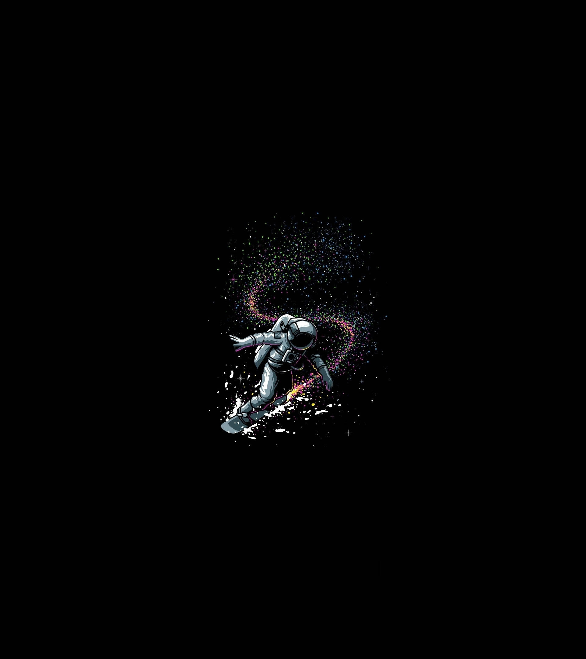 astronaut aesthetic 桌布 壁紙 — 一名太空人在宇宙虛空中玩滑雪板，留下一串色彩繽紛的火花和星星痕跡。
