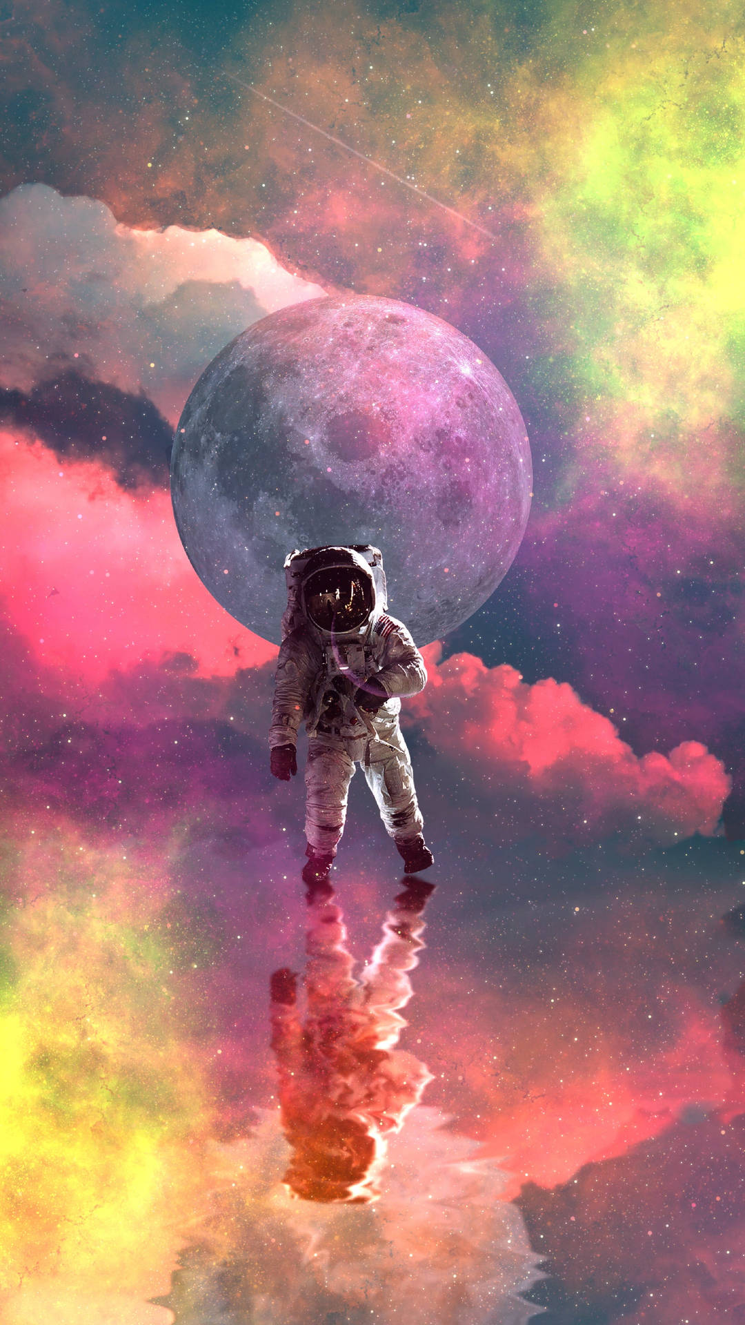  壁紙 — 一名太空人在巨大的月球下，在反射表面上行走，背景是充滿活力的宇宙天空。