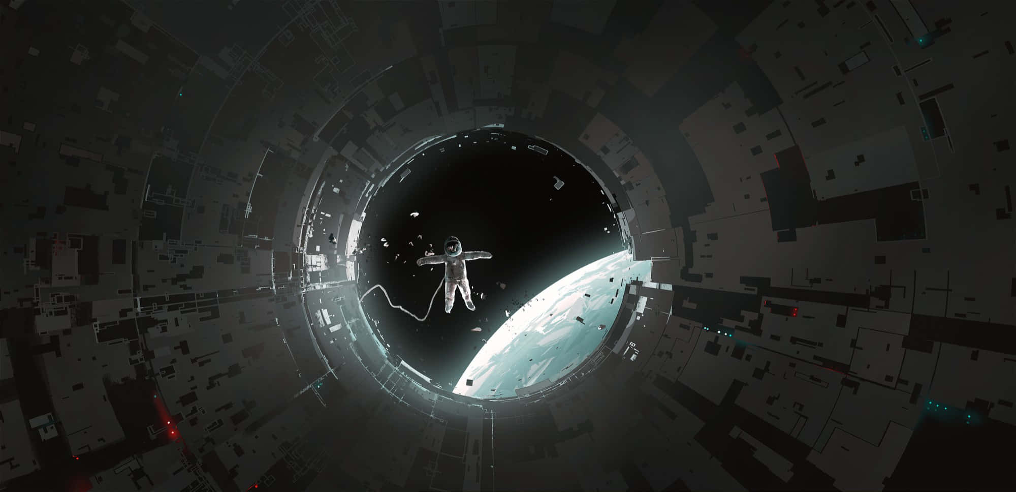 Space Technology 桌布 壁紙 — 一名太空人在巨大的未來太空站內零重力漂浮，透過圓形窗戶可以看到地球。