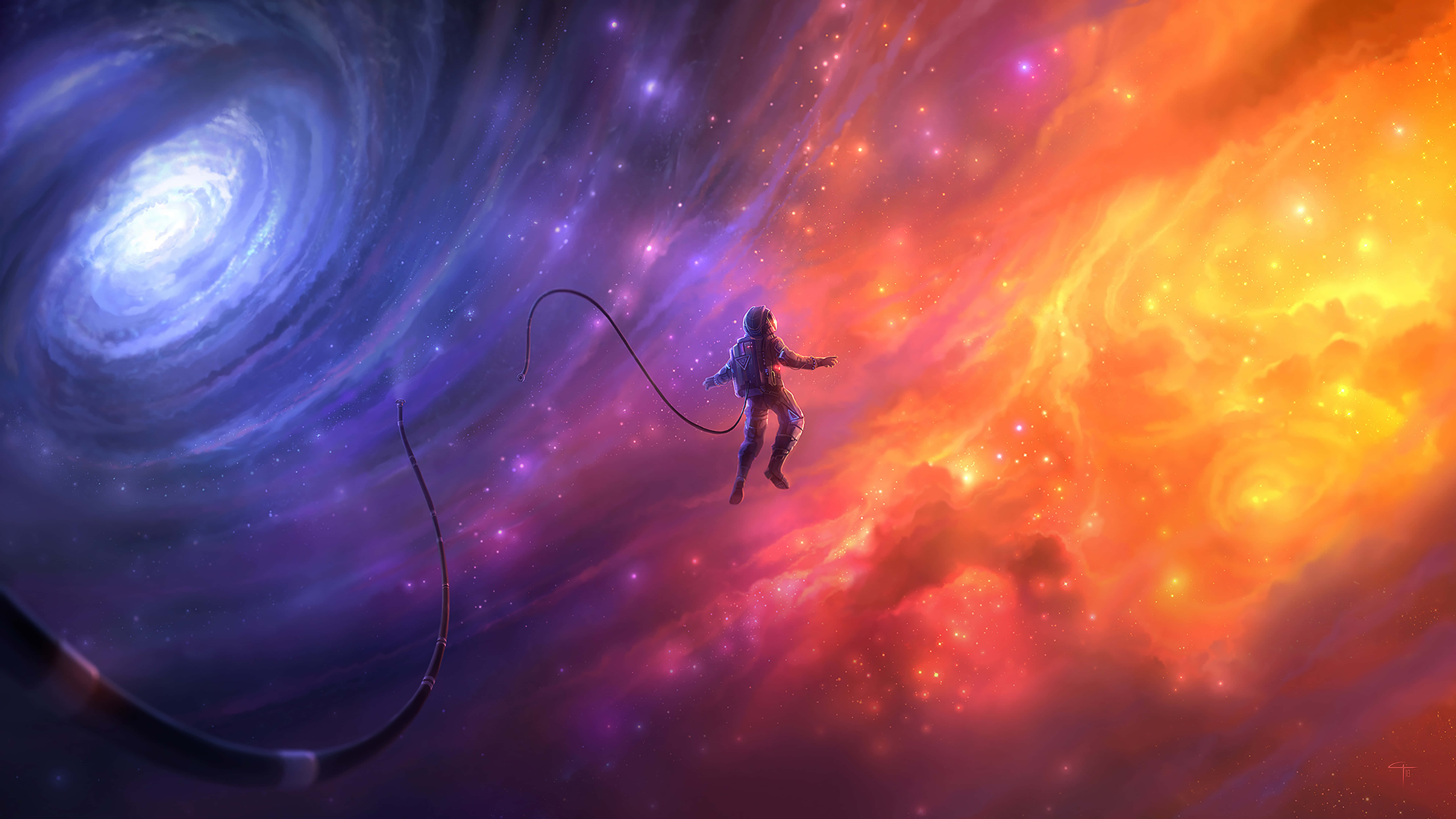 桌布 壁紙 — 一名太空人在旋轉的藍色星系和熾熱的橙色星雲之間漂浮，置身於宇宙仙境。