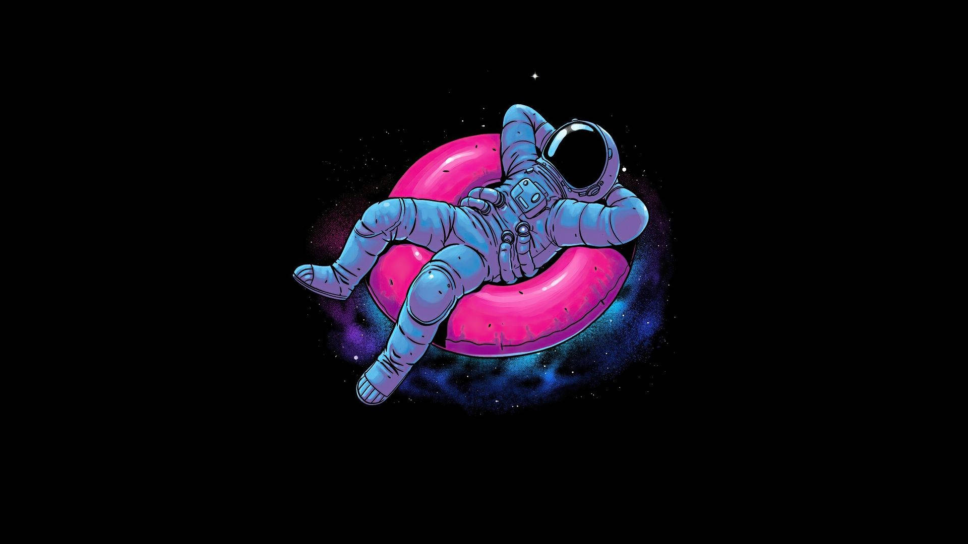 太空人在太空的粉紅色充氣圈中休息。