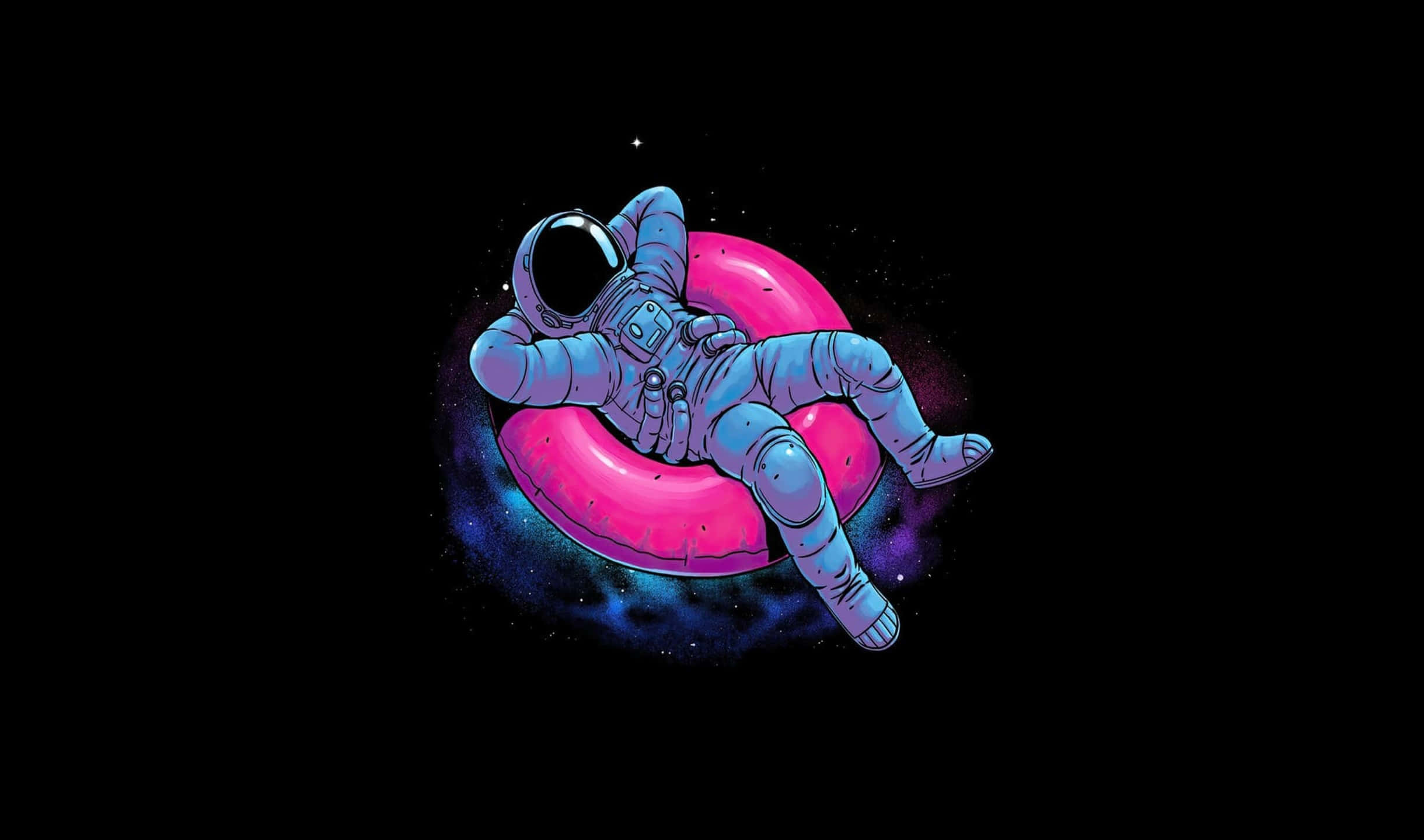 太空人 桌布 壁紙 — 一名太空人在星光宇宙背景下，放鬆地漂浮在一個螢光粉紅色充氣圈中。