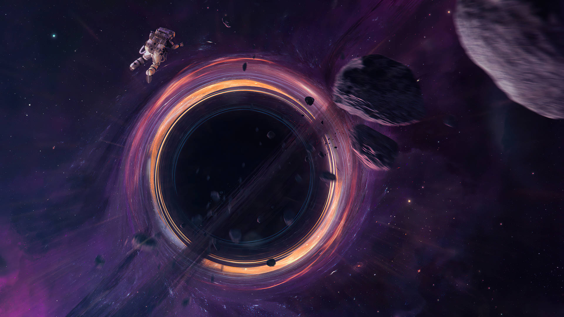太空人在深空中漂浮在一個發光黑洞附近，伴有小行星。 — 黑洞 GIF 壁紙