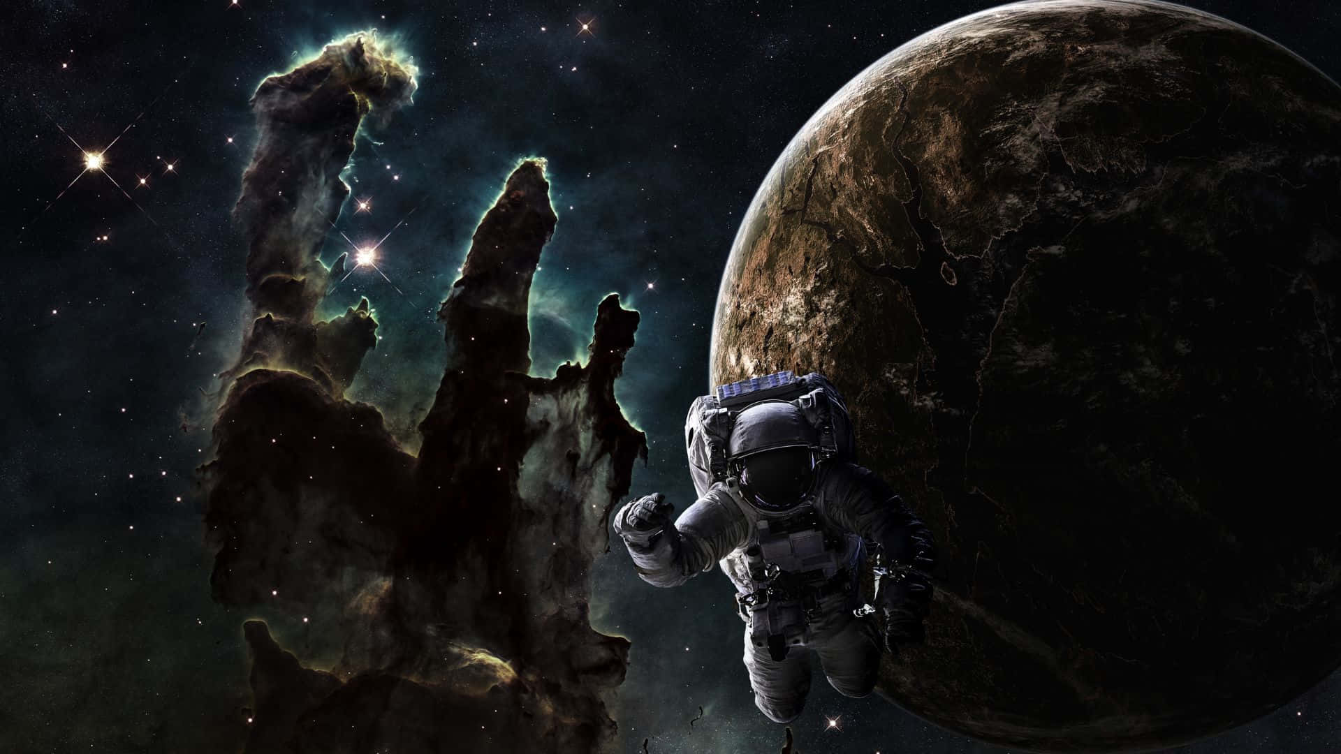 Live Space 桌布 壁紙 — 一名太空人在星空下漂浮於太空中，靠近發光的星雲和一顆巨大的行星。