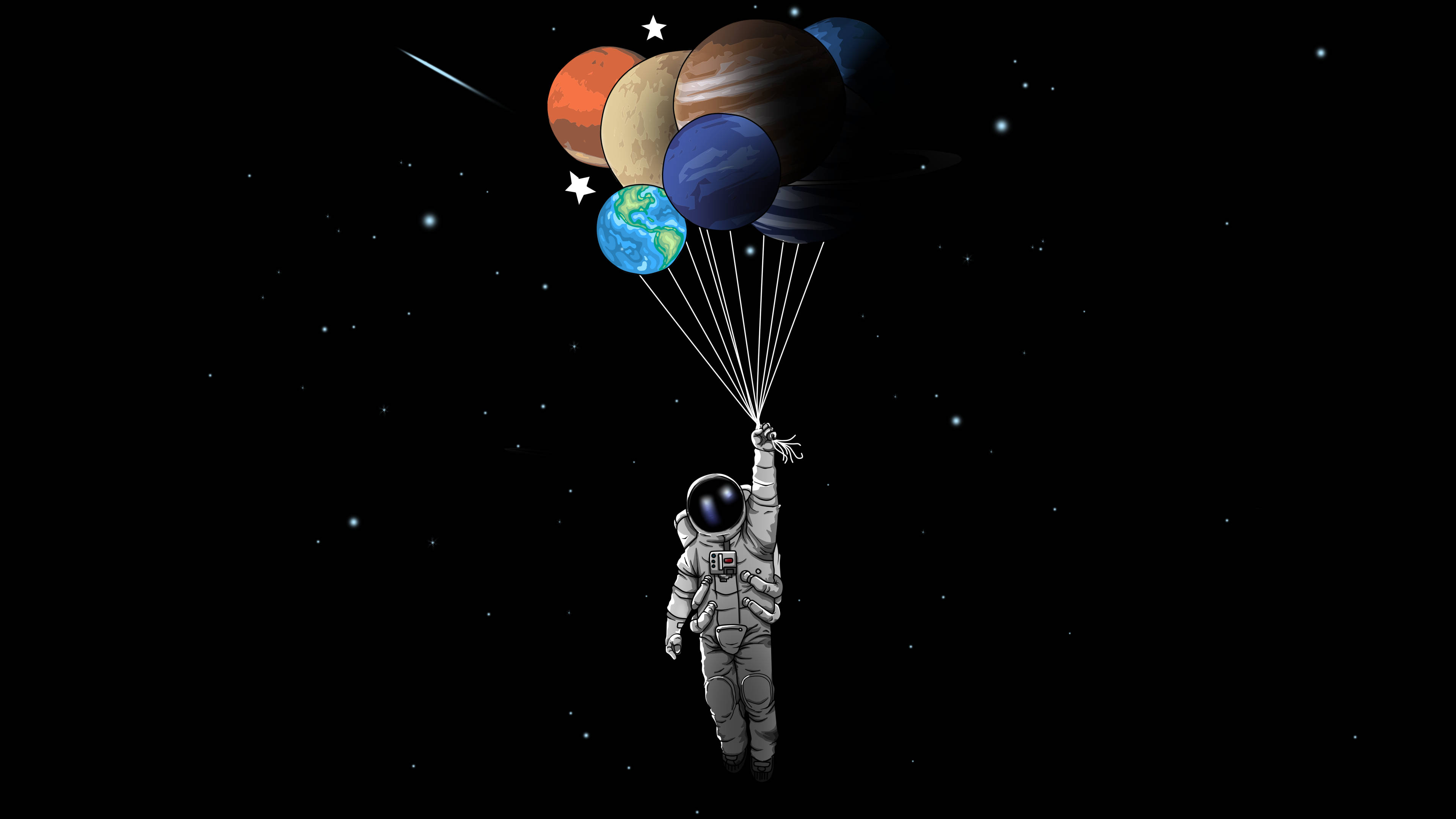 4K 太空人 桌布 壁紙 — 一名太空人在星空中漂浮，手持連接到彩色行星氣球的繩索。