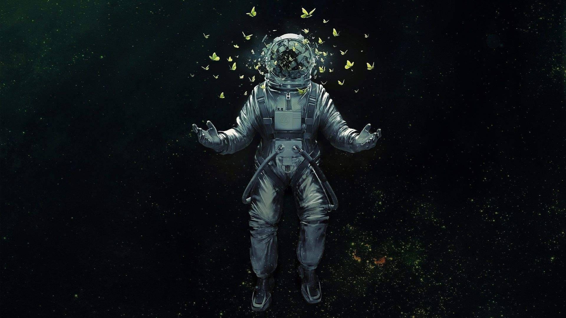 Trippy Dark 桌布 壁紙 — 一名太空人在星空中漂浮，蝴蝶從頭盔中飛出，背景是繁星點點的虛空。