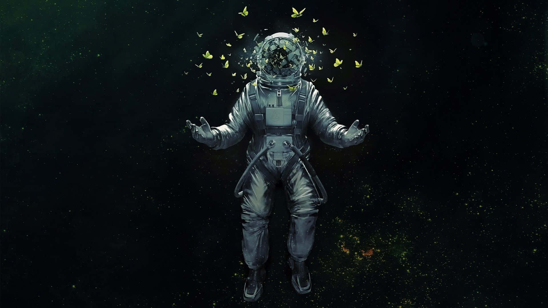 Amazing Astronaut 桌布 壁紙 — 一名太空人在星空中漂浮，黃色蝴蝶從頭盔中飛出。