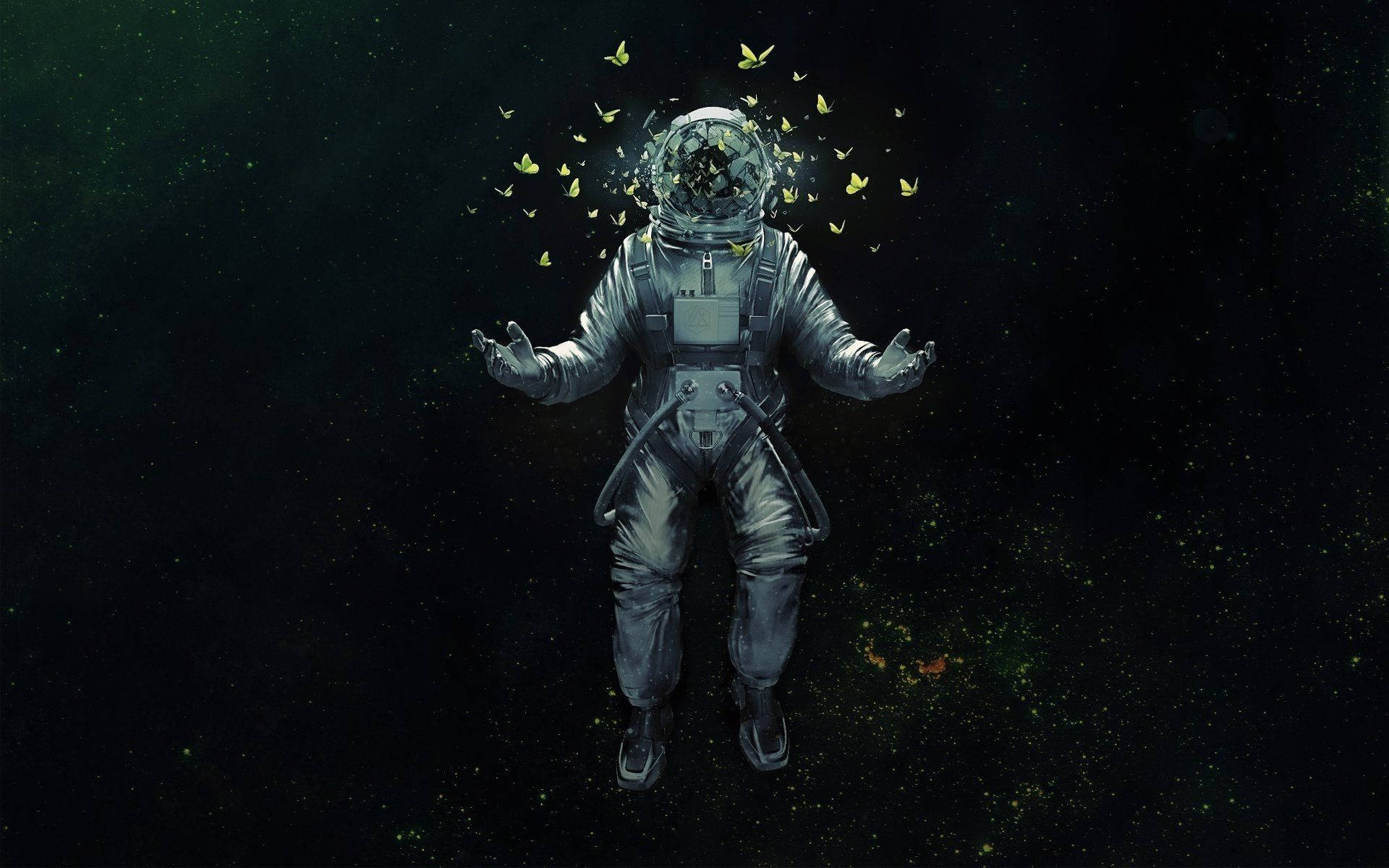 太空美學動圖 桌布 壁紙 — 一名太空人在星空中漂浮，黃色蝴蝶從頭盔中飛出，背景是繁星點點的虛空。