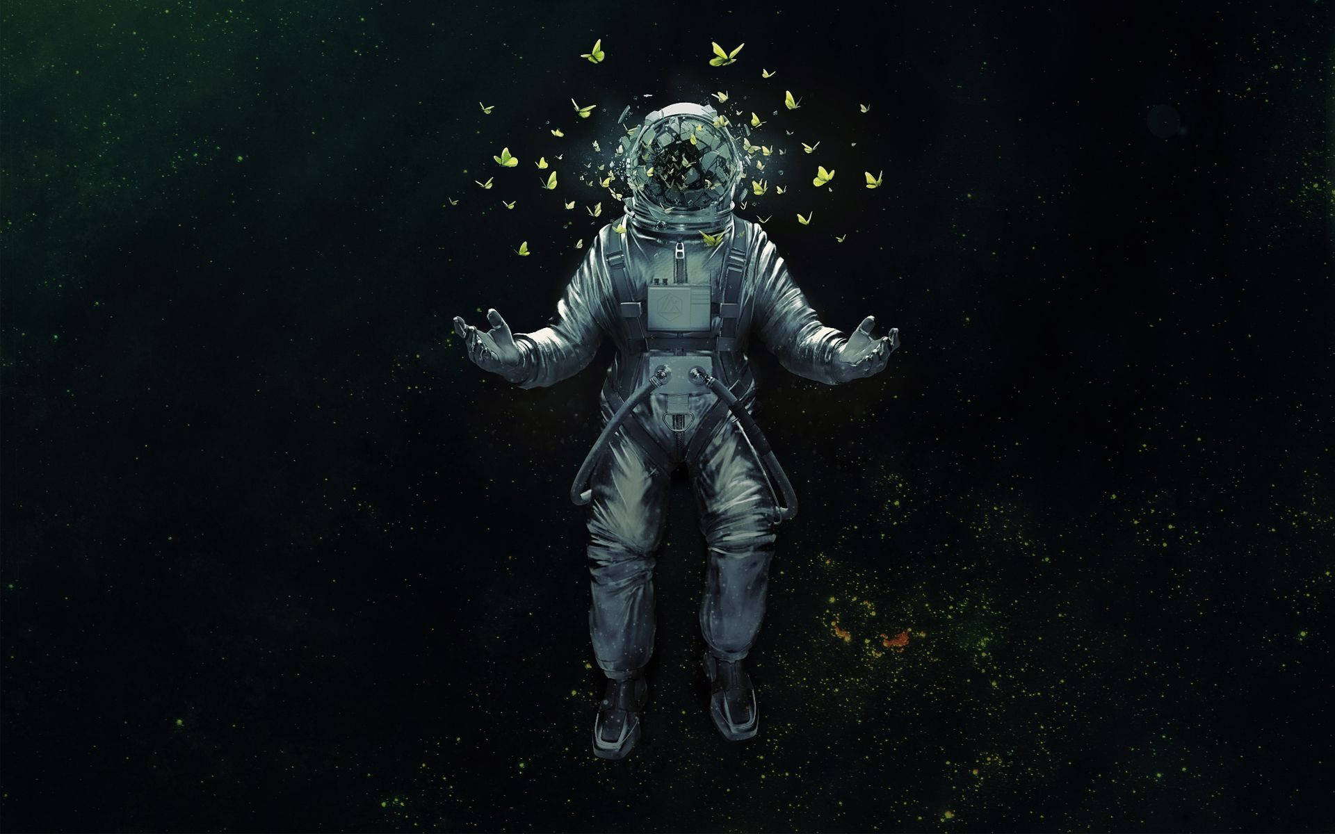 太空人 桌布 壁紙 — 一名太空人在星空中漂浮，黃色蝴蝶從頭盔中飛出。
