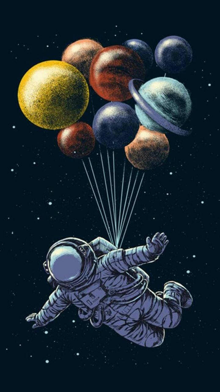  壁紙 — 一名太空人在星空夜空的背景下，漂浮在太空中，繫著色彩繽紛的行星氣球。