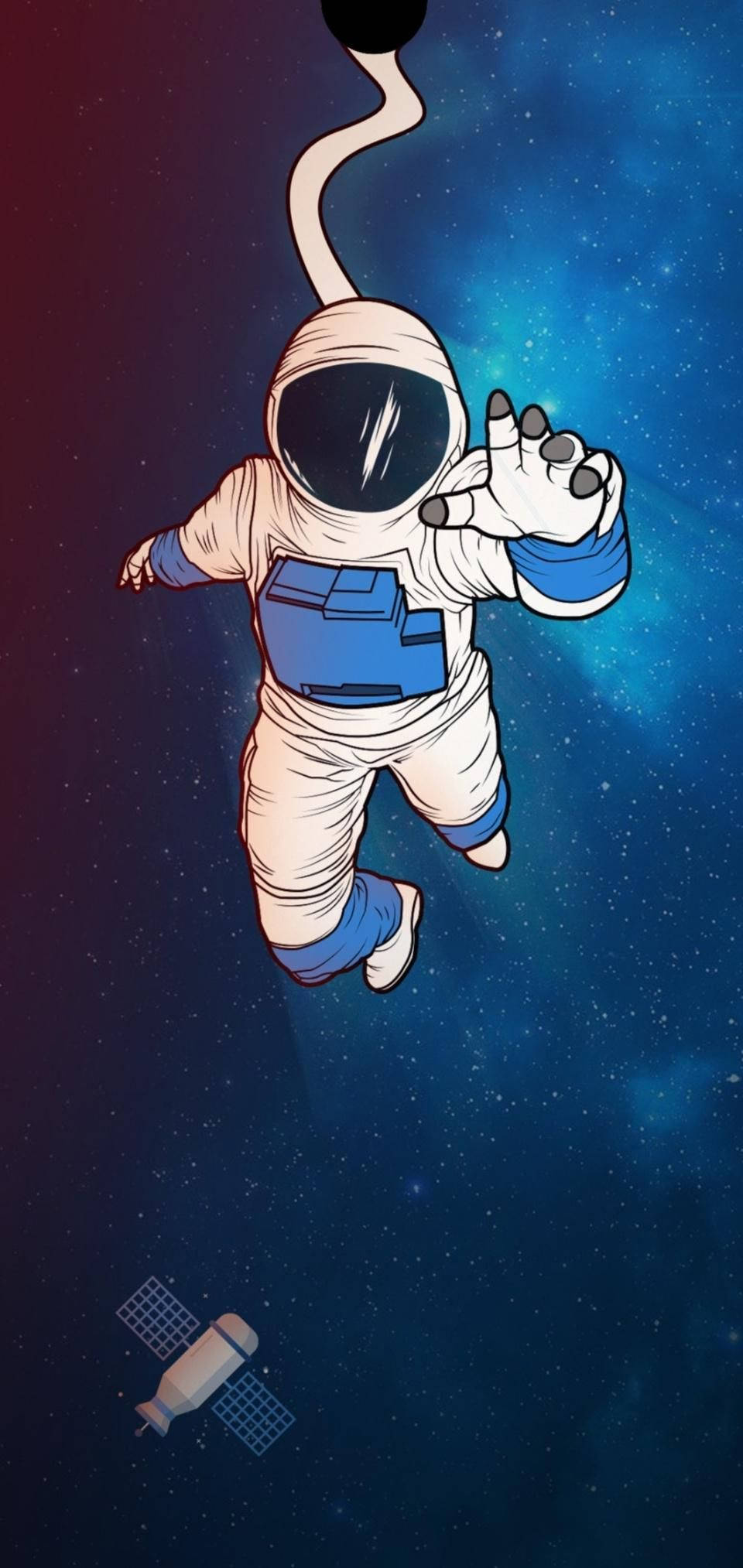drop 桌布 壁紙 — 一名太空人在星空宇宙背景下漂浮，下方有一顆衛星。