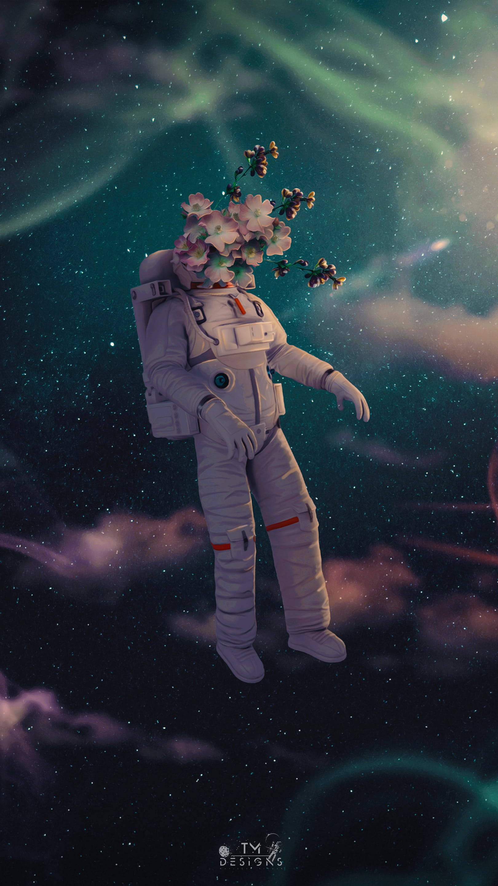Stars 桌布 壁紙 — 一名太空人在星空極光背景下漂浮，頭上長滿盛開的粉紅色花朵。