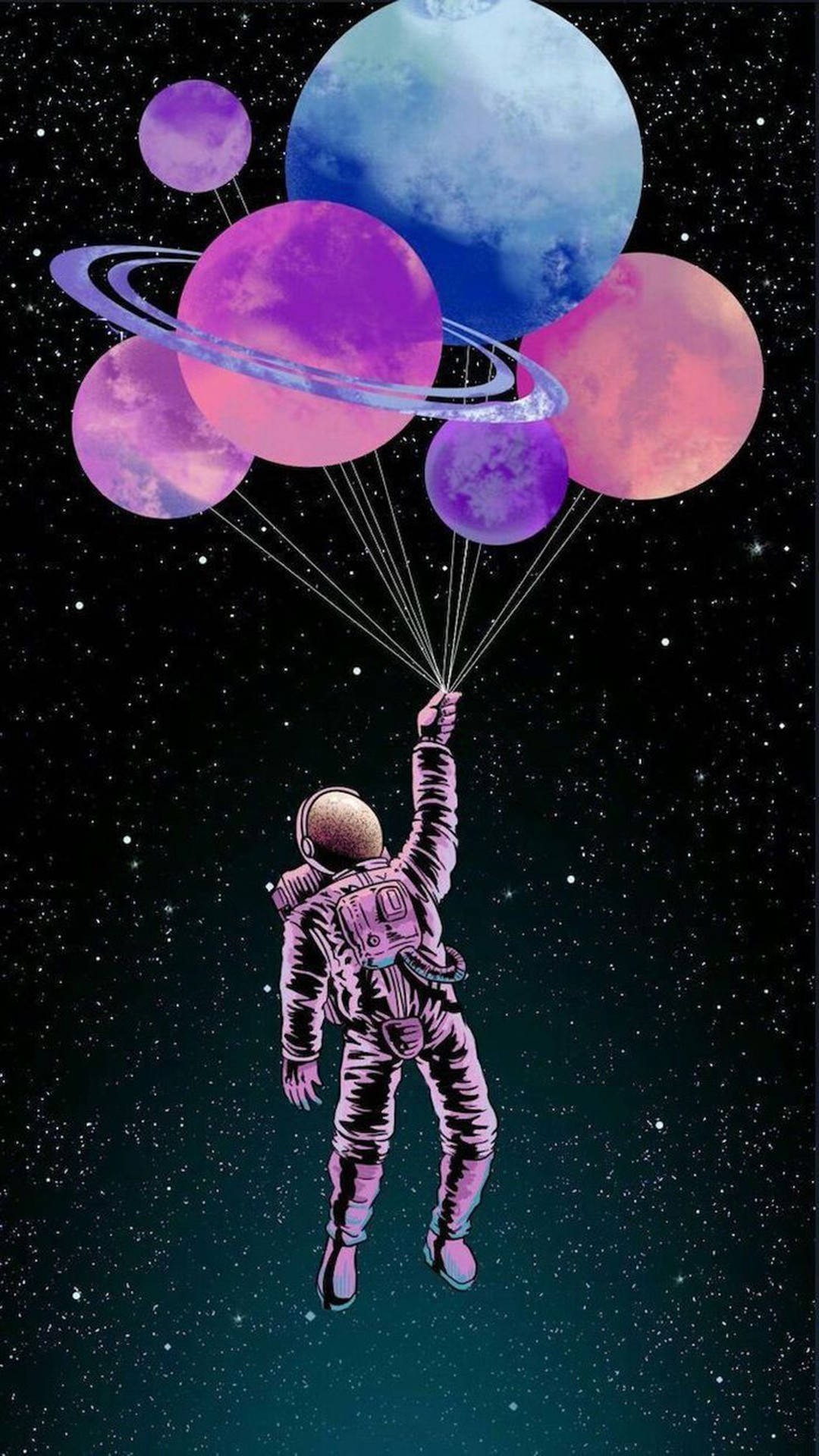 iPhone 7 plus space 桌布 壁紙 — 一名太空人在星空漂浮，手持連接到彩色行星氣球的繩子。