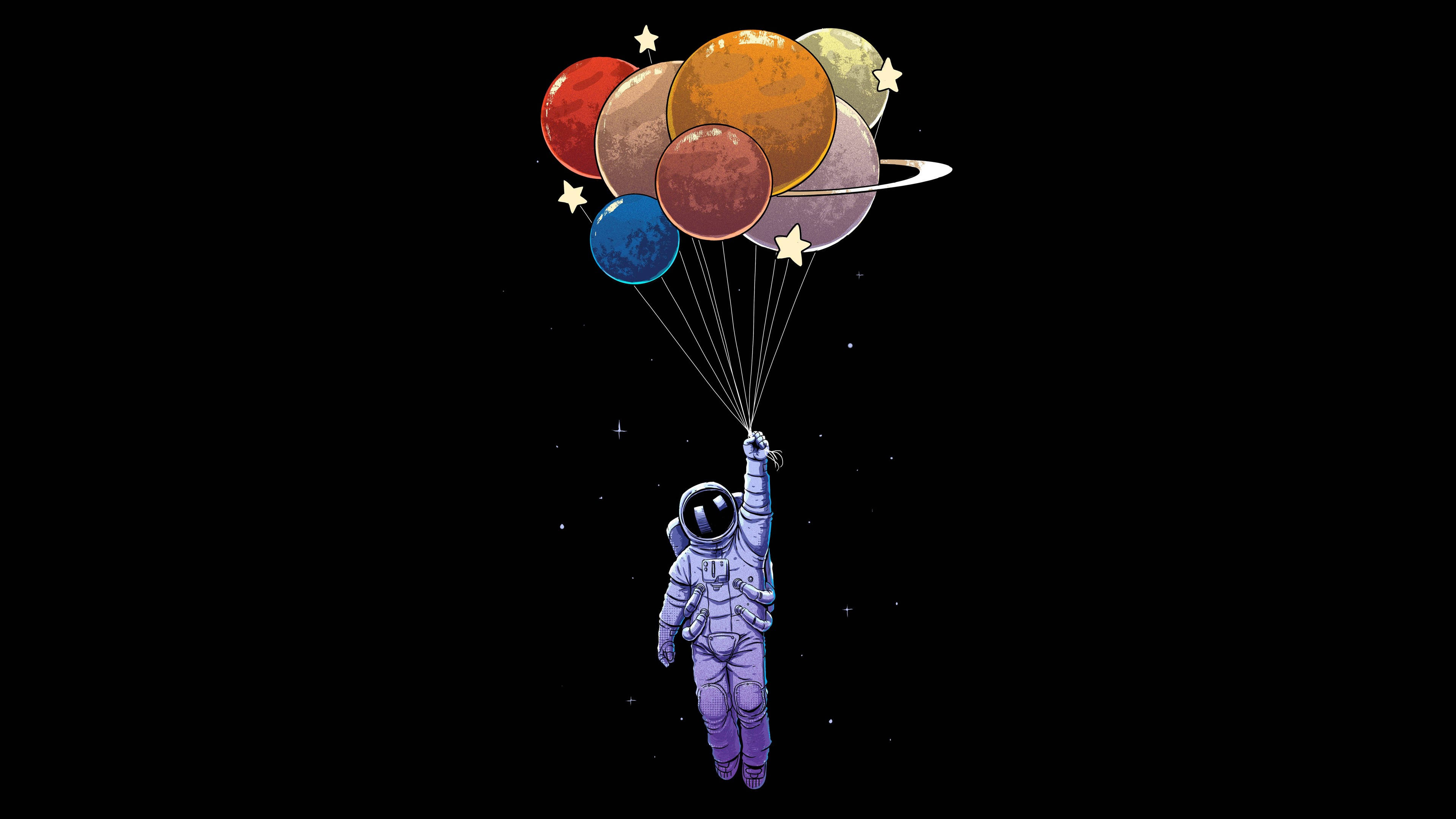 太空人 桌布 壁紙 — 一名太空人在星空黑色背景中漂浮，手持彩色行星氣球的繩子。