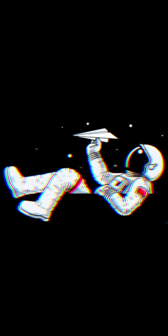 桌布 壁紙 — 一名太空人在星空黑色虛空中漂浮，手持紙飛機，帶有故障效果。