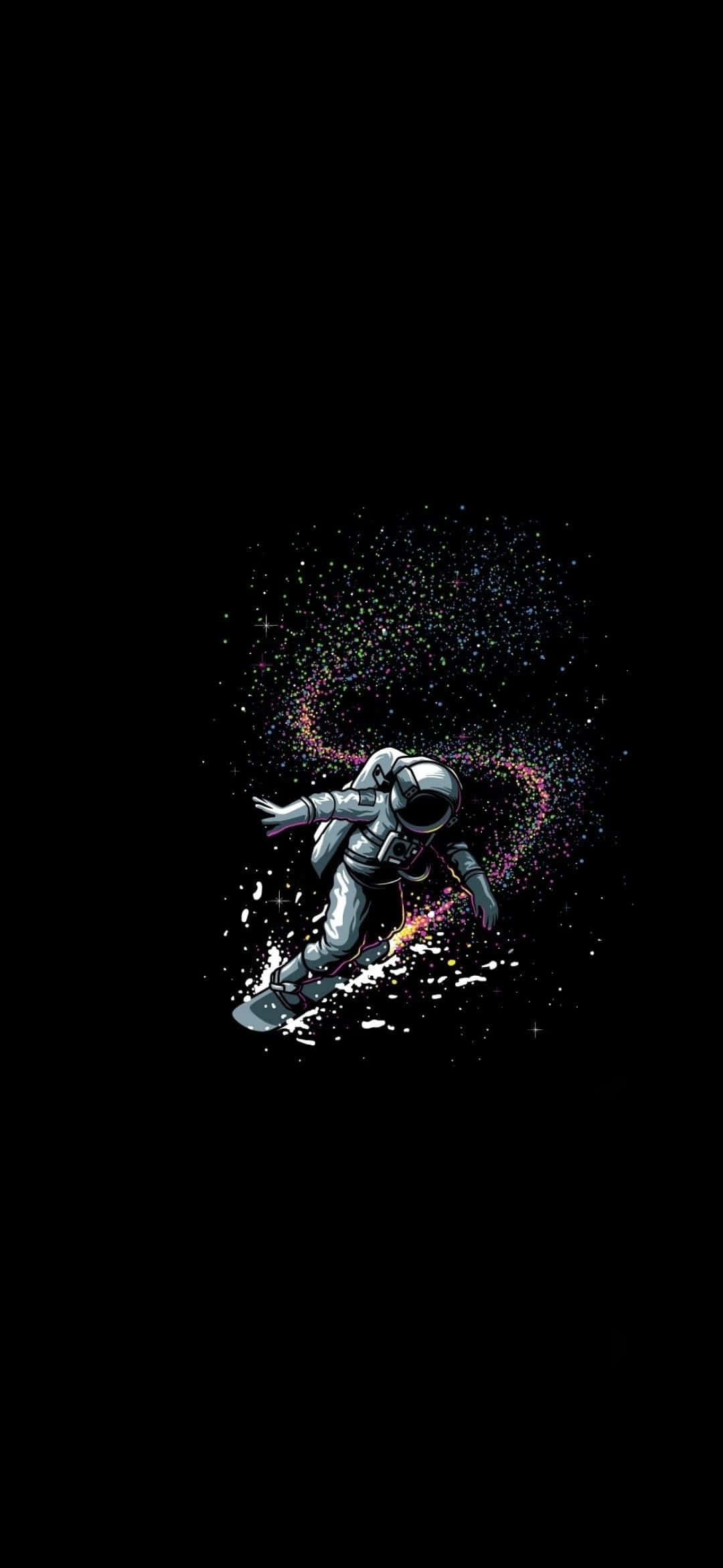 Astronaut iPhone 桌布 壁紙 — 一名太空人在星羅棋布的黑色虛空中，伴隨著色彩繽紛的粒子軌跡，在宇宙波上衝浪。