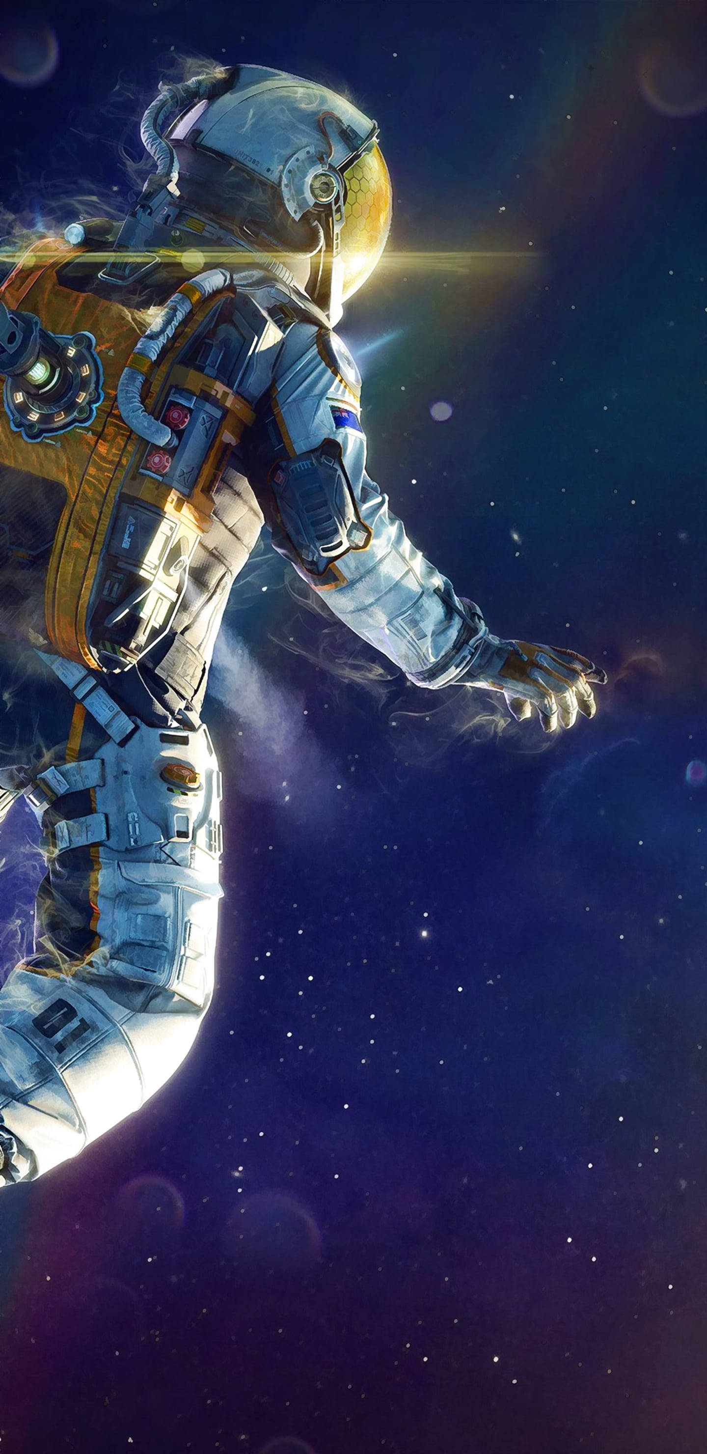 太陽 桌布 壁紙 — 一名太空人在星際宇宙背景下漂浮，身後有發光的太陽。