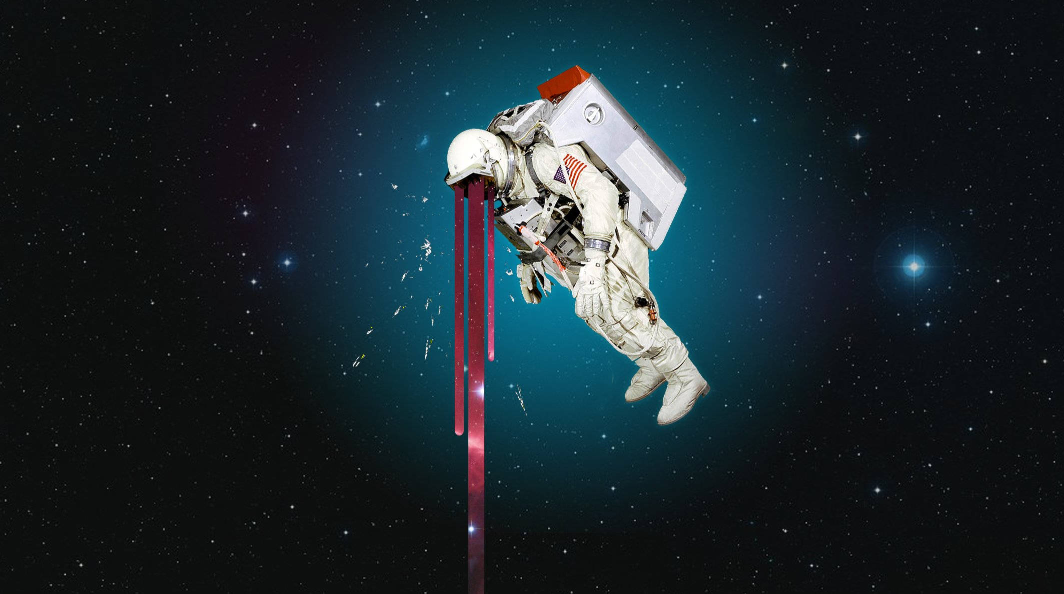 astronaut aesthetic 桌布 壁紙 — 一名太空人在星際宇宙背景下漂浮，頭盔滴下紅色液體。