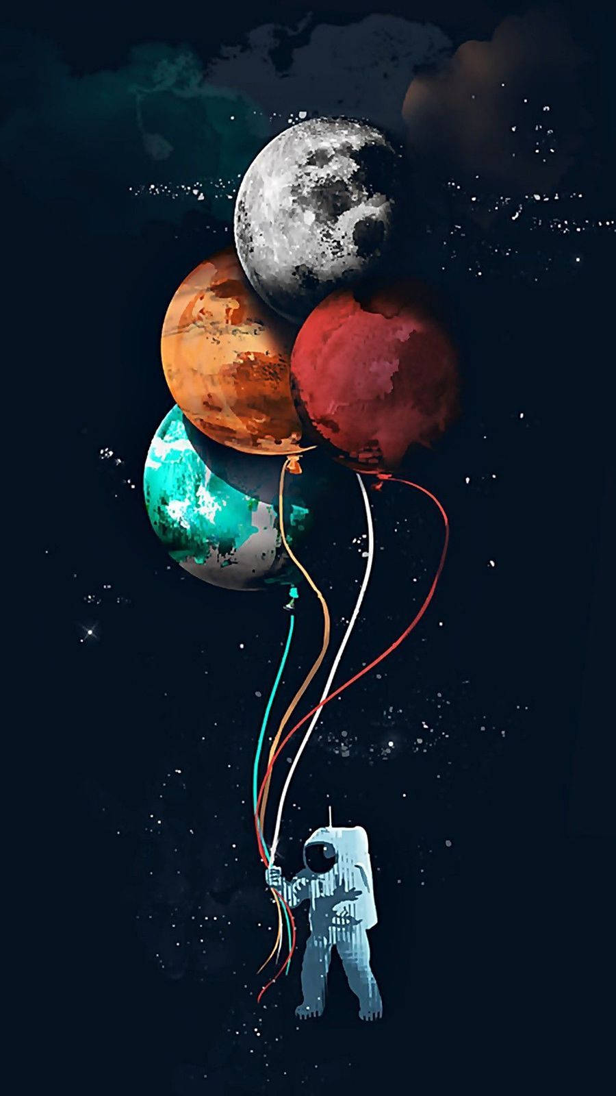 Best 桌布 壁紙 — 一名太空人在星際宇宙背景下漂浮，手持色彩繽紛的星球形狀氣球。