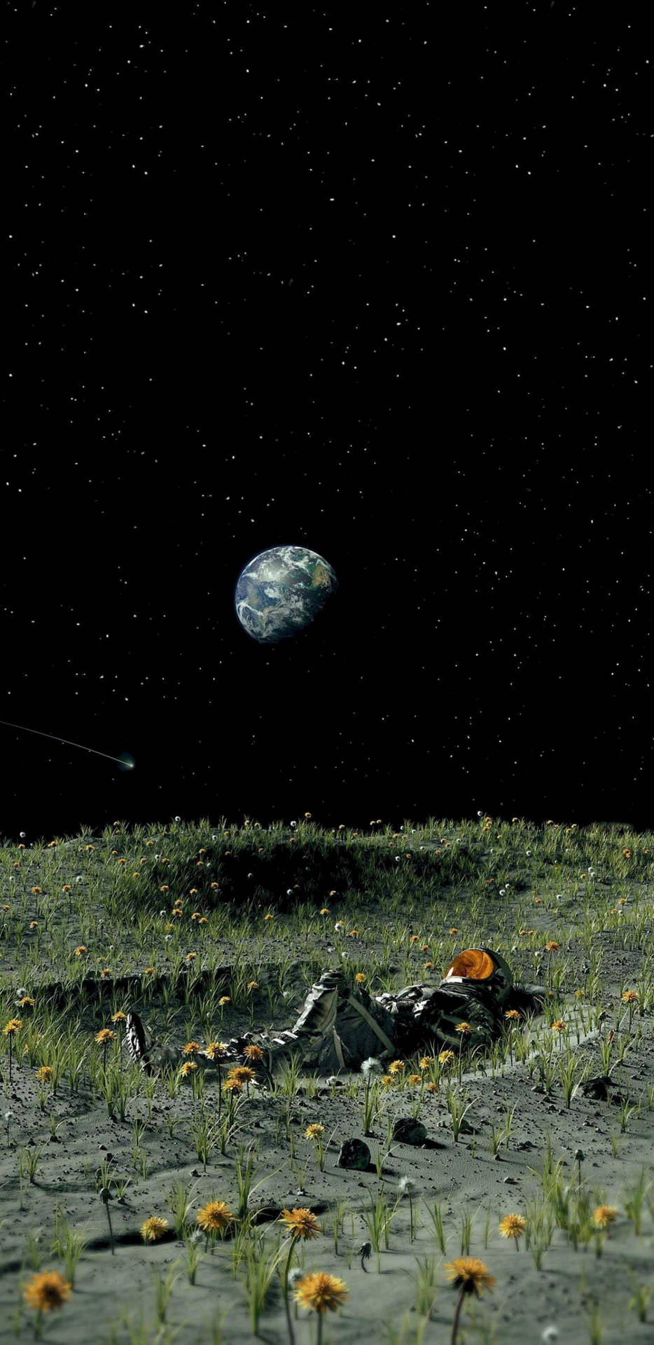 太空人躺在月球表面蒲公英之間，太空中可見地球。 — 2k GIF 壁紙