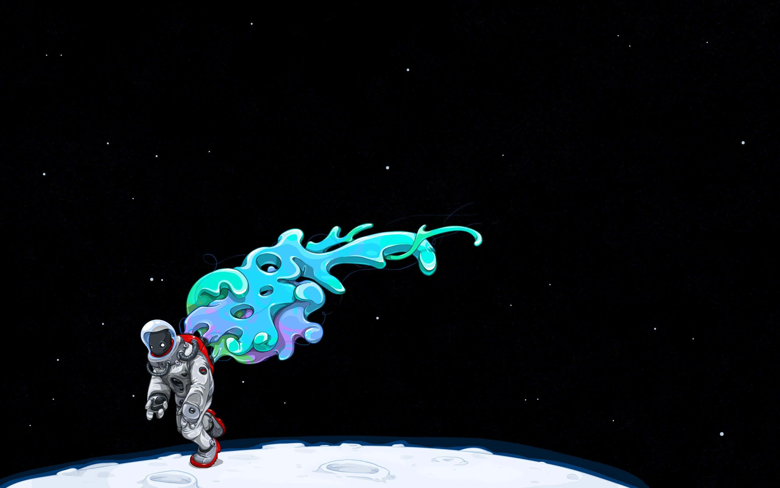 Minimalist Space 桌布 壁紙 — 一名太空人在月球表面推進，身後留下充滿活力的藍色和紫色能量軌跡，背景是繁星點點的黑色天空。