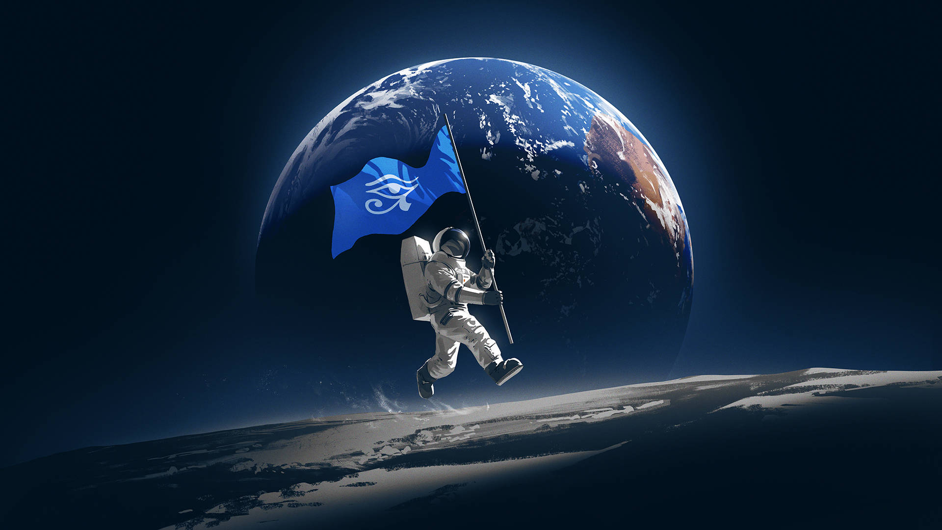 Humankind 桌布 壁紙 — 一名太空人在月球表面漂浮，在地球的背景下插上一面帶有眼睛符號的藍色旗幟。