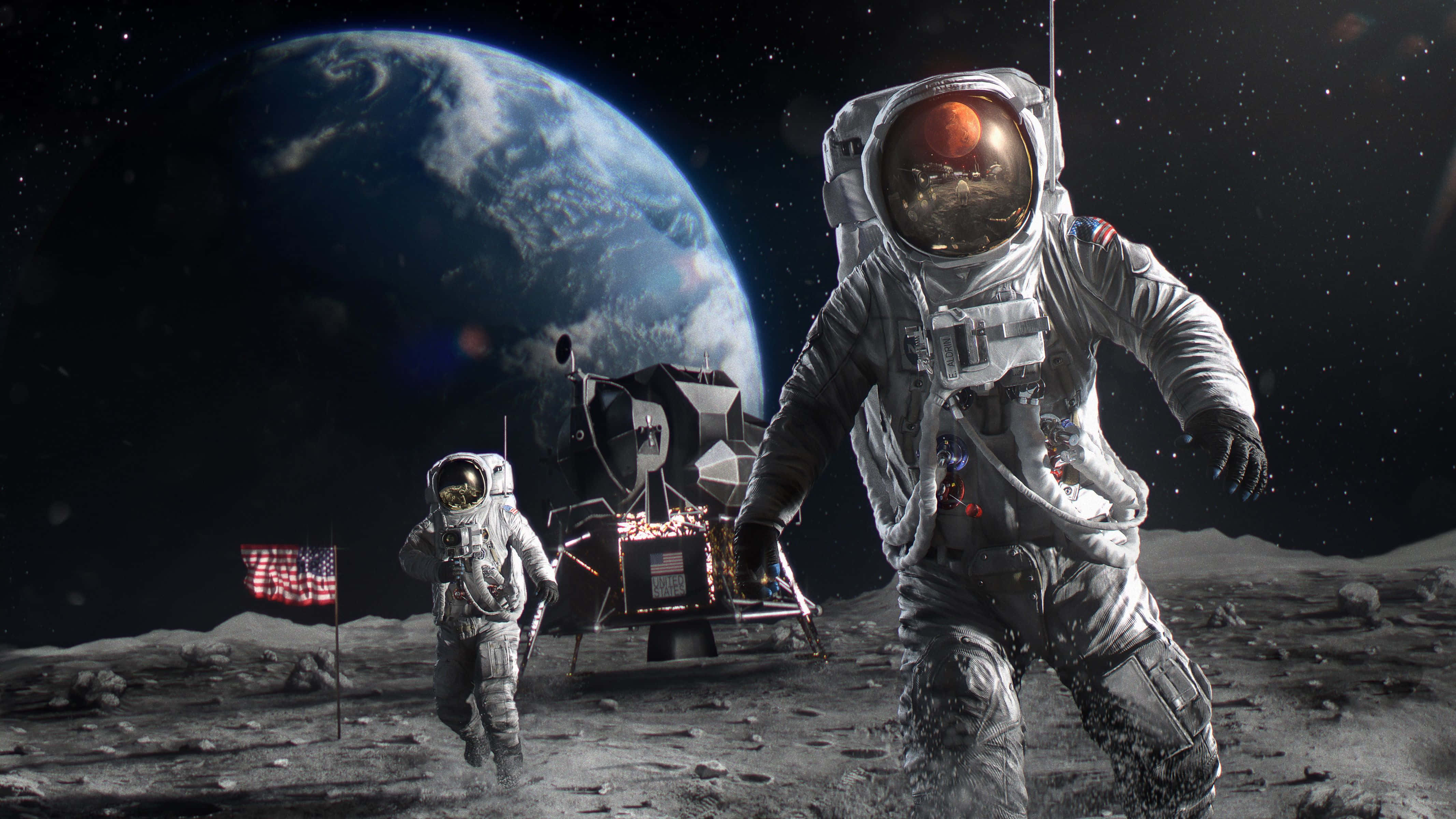 Space Exploration 桌布 壁紙 — 一名太空人在月球表面行走，地球在他們身後升起，附近有一個登月艙。