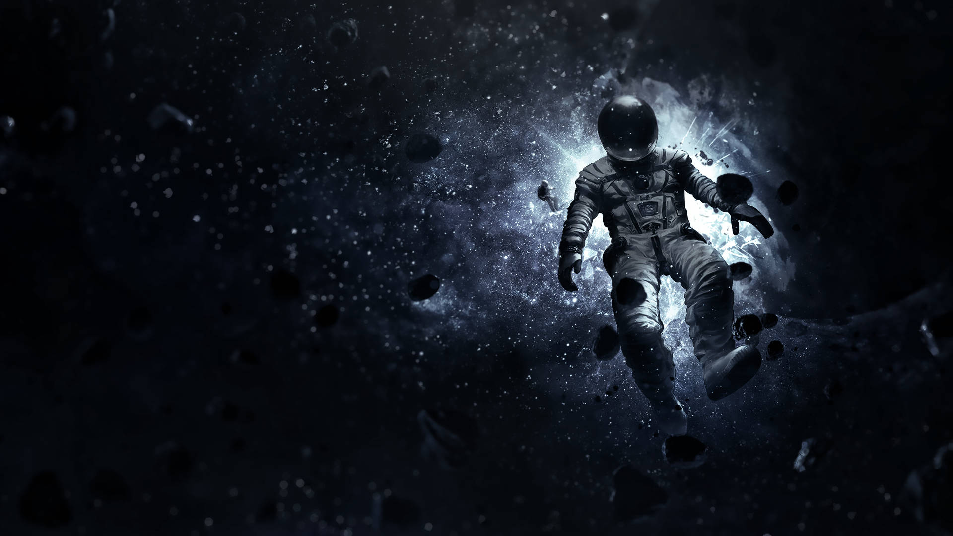 孤獨的太空人在漂浮的岩石和發光的宇宙爆炸中漂流。 — 太空人 壁紙