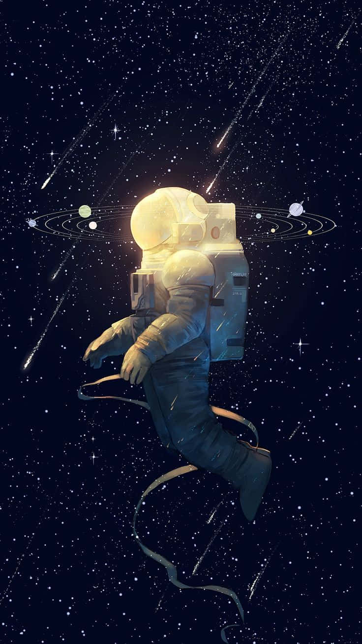 Trippy Space 桌布 壁紙 — 一名太空人在深空中漂浮，周圍環繞著星星、流星和軌道行星，戴著發光的頭盔。