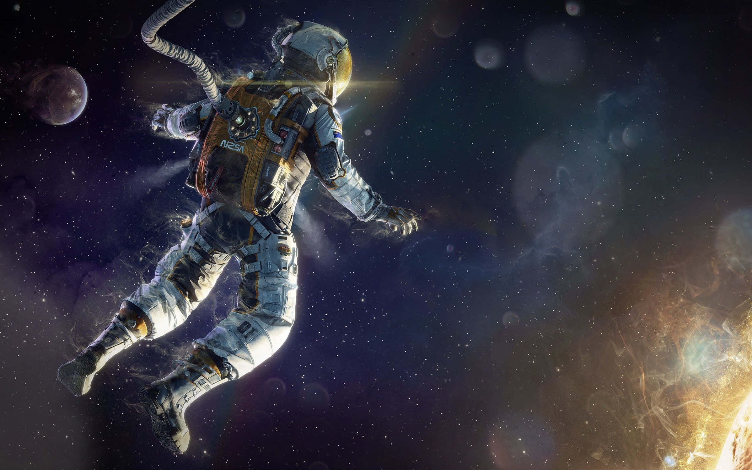 太空人 桌布 壁紙 — 一名太空人在深空中無重漂浮，星星、行星和星雲在宇宙虛空中發光。