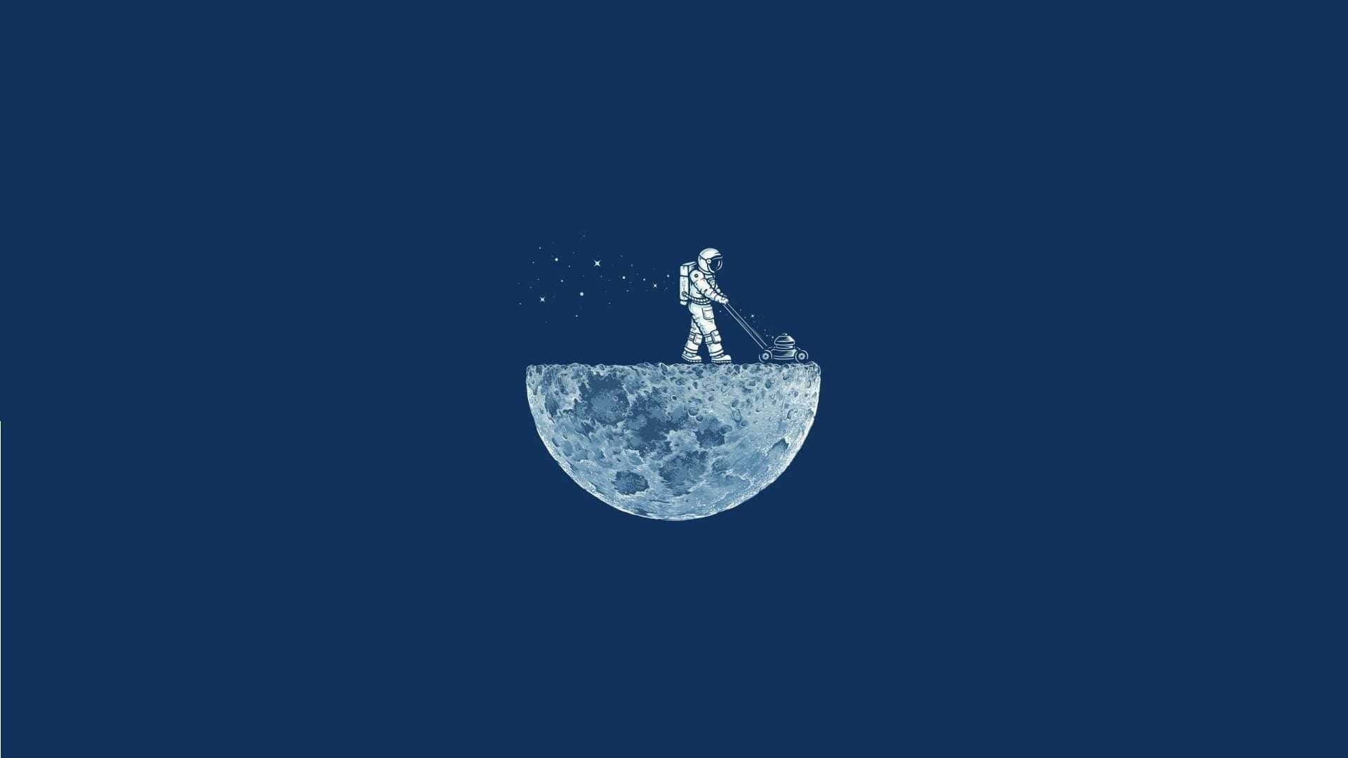 1920 X 1080 Minimalist 桌布 壁紙 — 一名太空人在深藍色夜空下用割草機修剪月球表面。