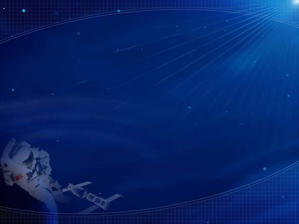 Powerpoint 桌布 壁紙 — 一名太空人在深藍色太空漂浮，背景有星光、發光光線和網格線。