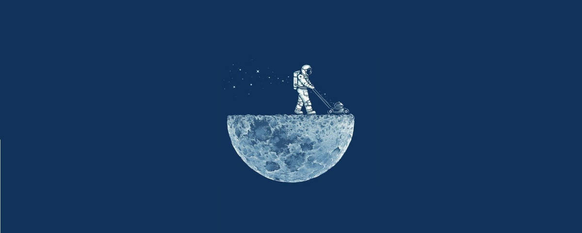  壁紙 — 一名太空人在深藍色星空下用割草機修剪月球表面。