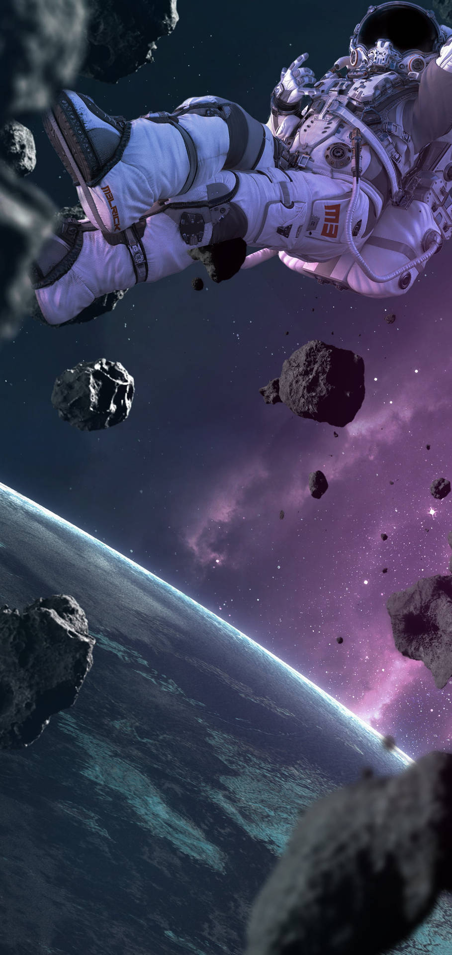  壁紙 — 一名太空人在漂浮的小行星之間漂浮，下方是地球彎曲的地平線和充滿活力的紫色星雲。