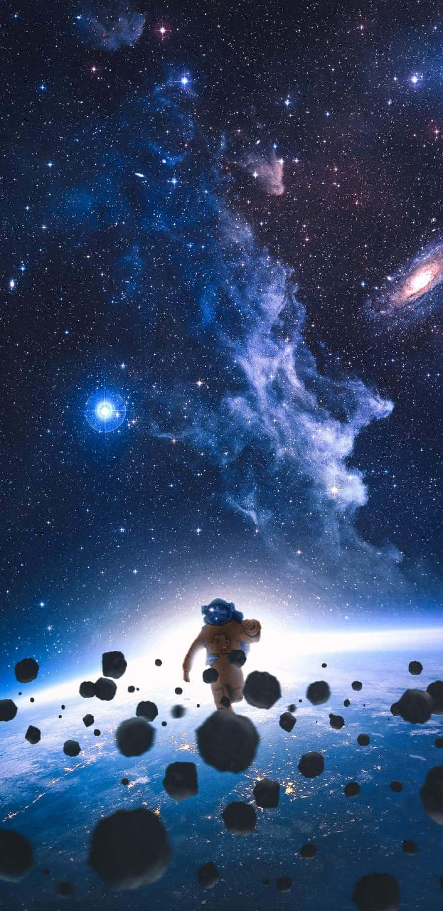 Astronaut iPhone 桌布 壁紙 — 一名太空人在漂浮的小行星之間行走，背景是充滿星星和發光星雲的鮮豔宇宙。