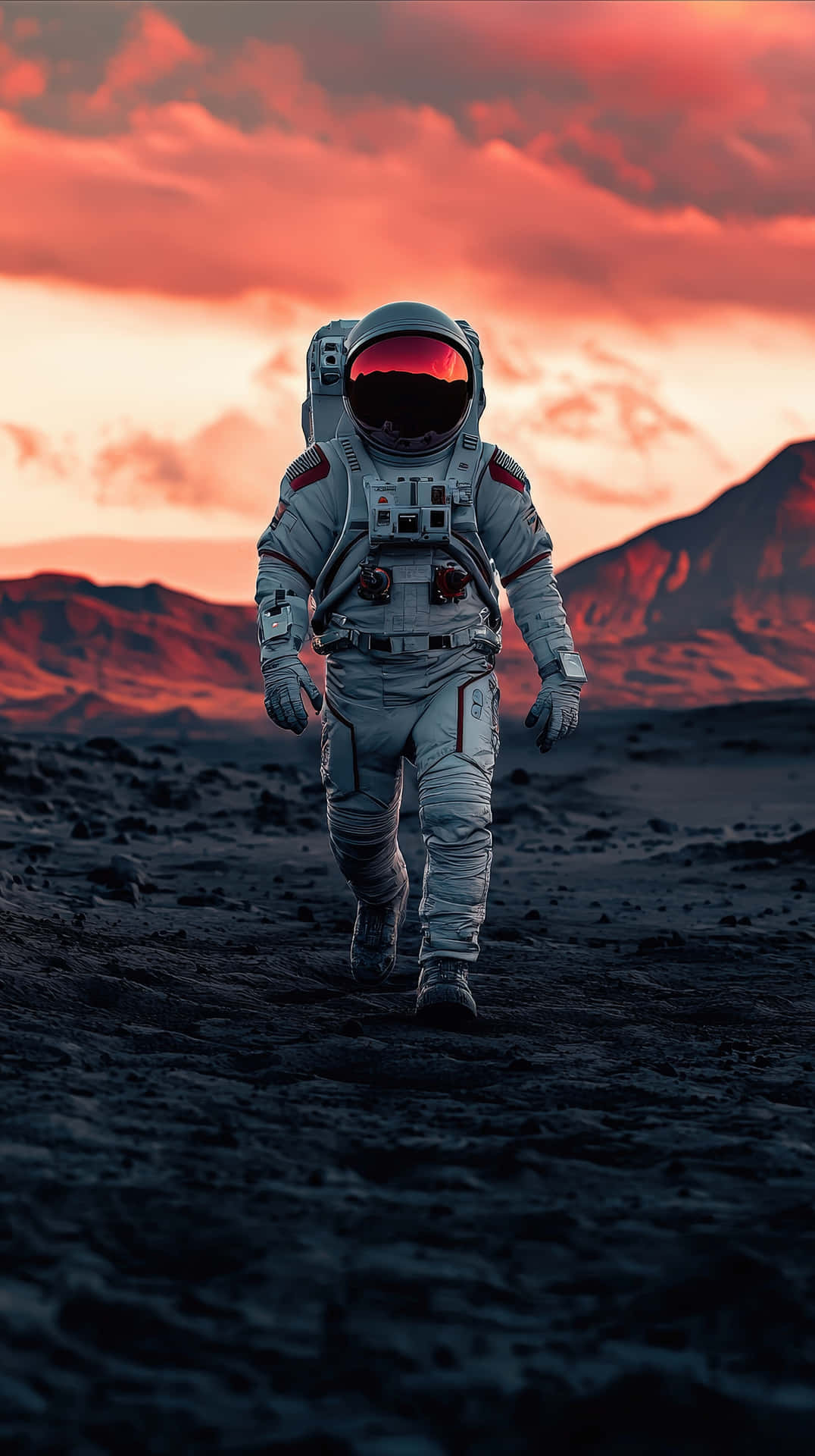 A lone astronaut in a white spacesuit strides across a rugged alien desert 壁紙 — 一名太空人在熾熱的橙紅色日落天空下獨自走過岩石密布的外星景觀。