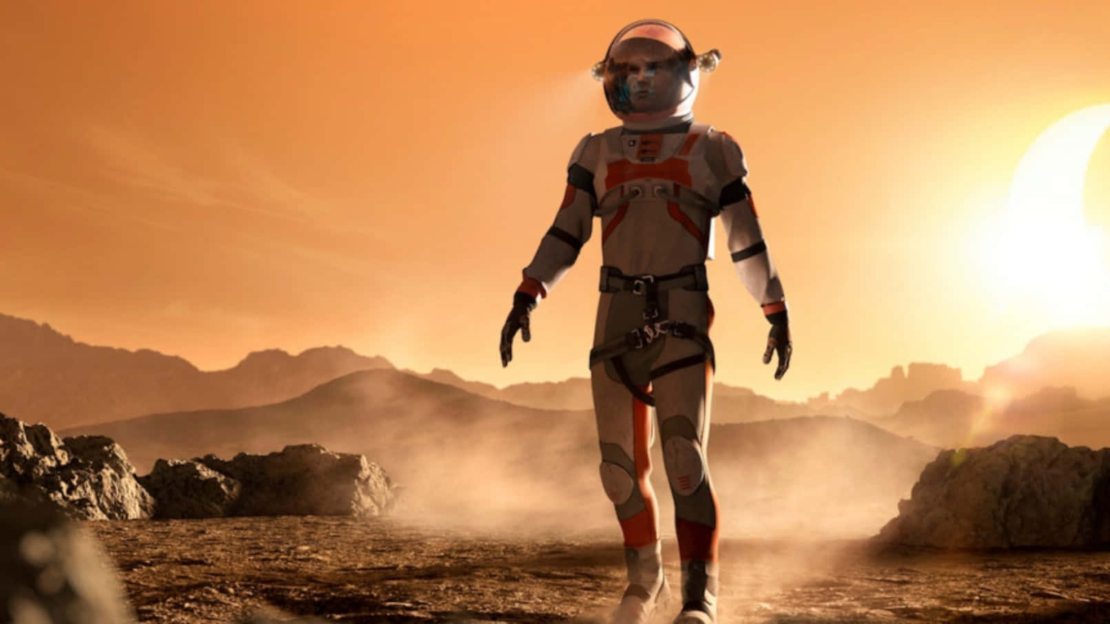 Terraforming 桌布 壁紙 — 一名太空人在發光的太陽下，走過一個微紅色的外星行星上的塵土飛揚的地形。