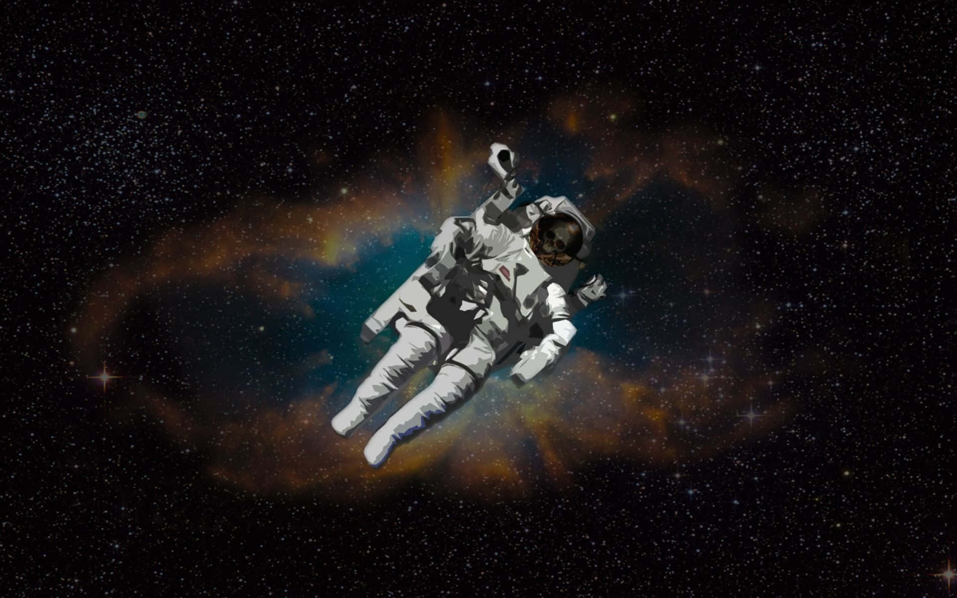 Astronaut Desktop 桌布 壁紙 — 一名太空人在發光的宇宙星雲和閃爍星星的背景下無重漂浮。