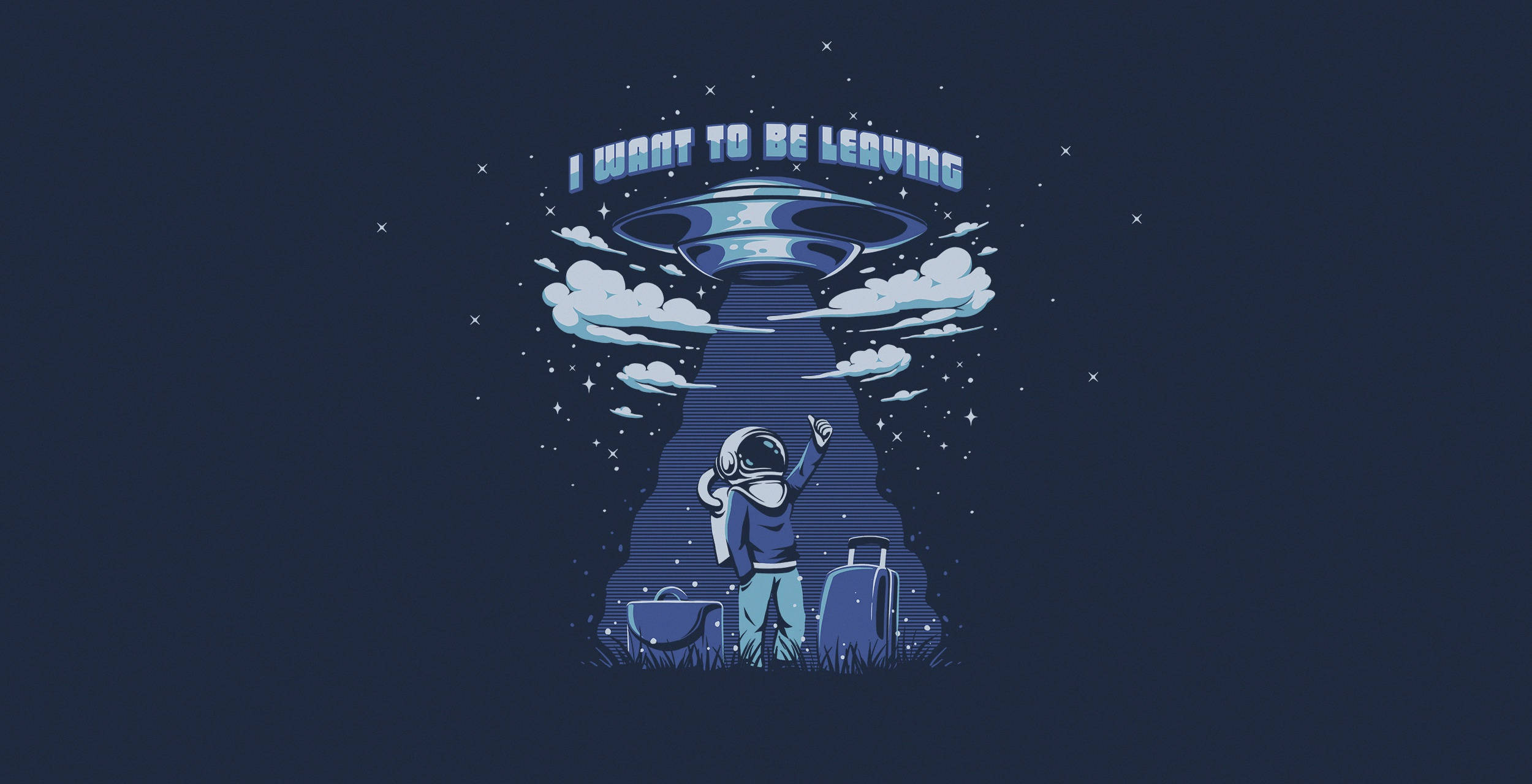幽浮 桌布 壁紙 — 一名太空人在繁星點點的夜空中揮手告別，同時被UFO透過光束綁架。